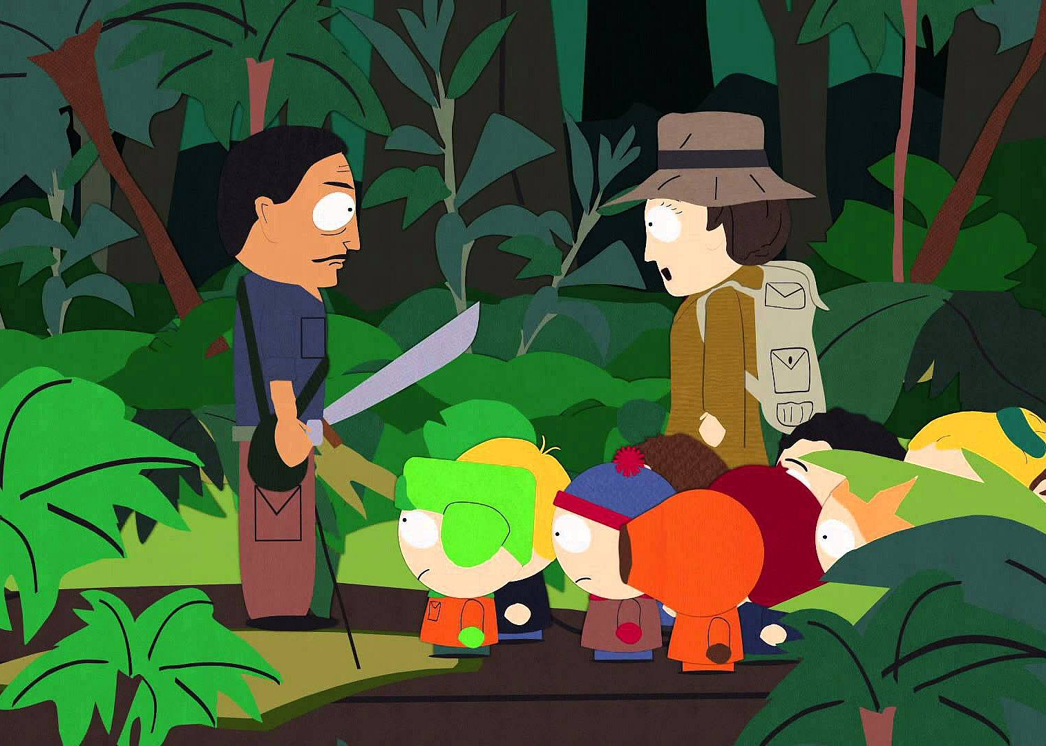 A cartoon of a bunch of kids following a man in the jungle facing another man with a machete.