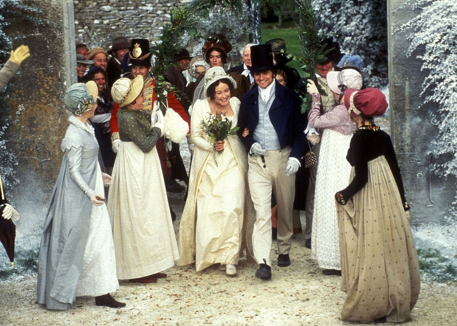 Actors Colin Firth and Jennifer Ehle at the send off for their wedding in the film.