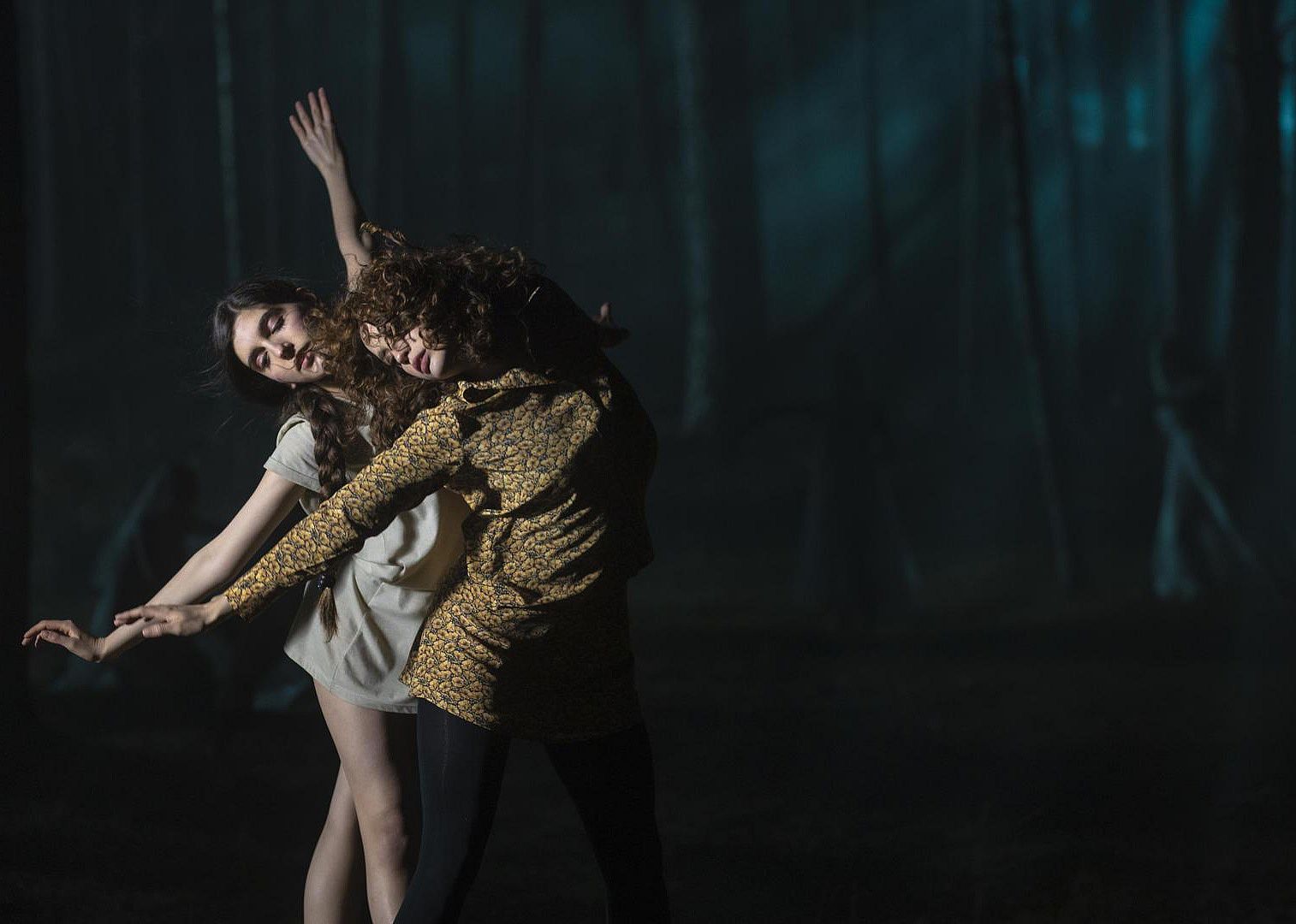 Two ballerinas dancing in unison