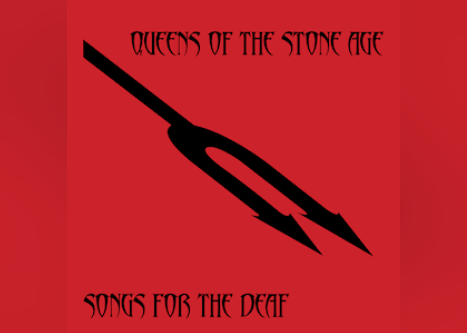 A black pitchfork on a red background.