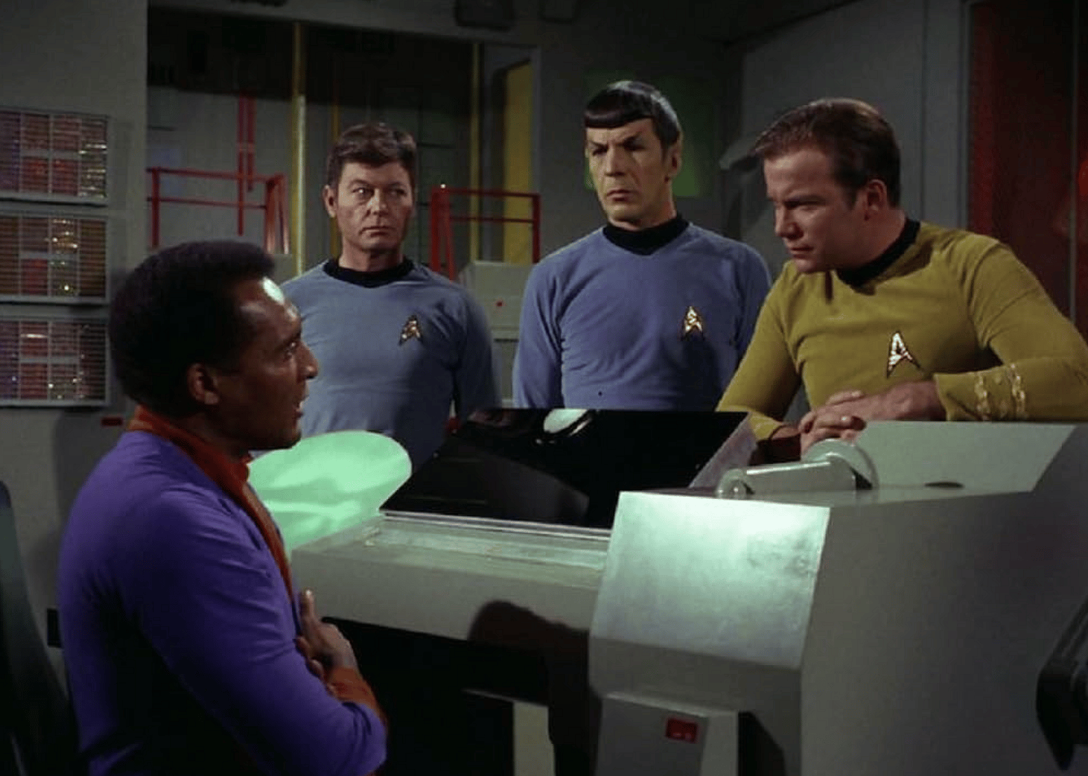 Leonard Nimoy, William Shatner, DeForest Kelley, and William Marshall in Star Trek.