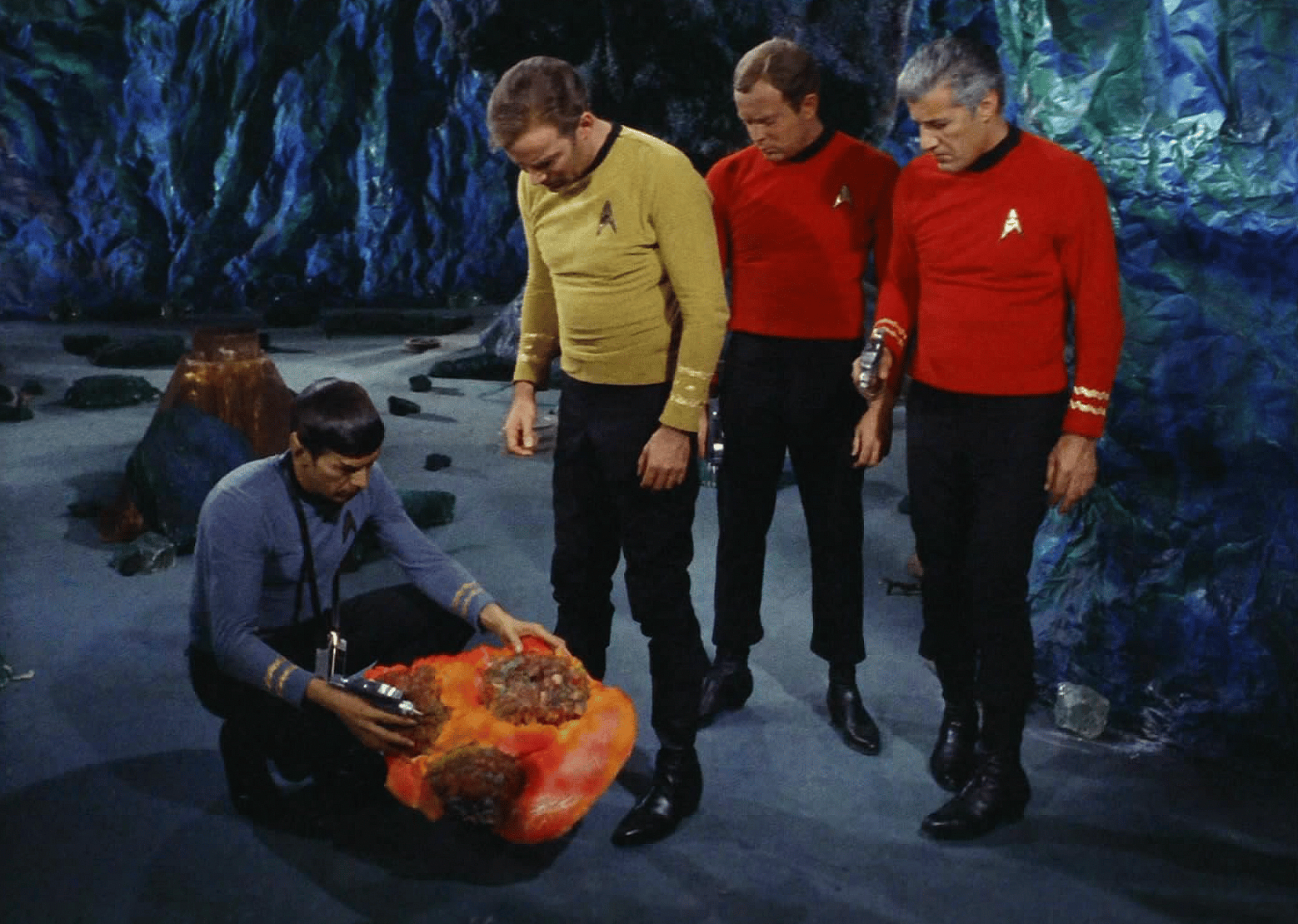 Leonard Nimoy, William Shatner, Barry Russo, and Jon Cavett in Star Trek.