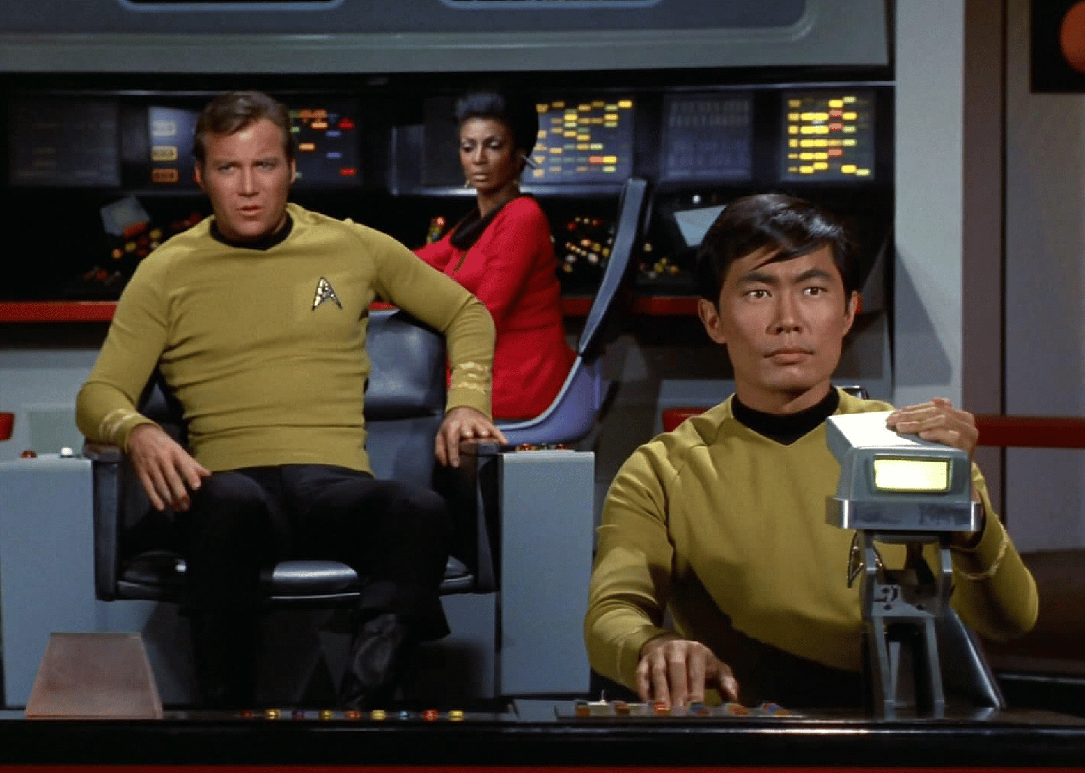 William Shatner, George Takei, and Nichelle Nichols in Star Trek.