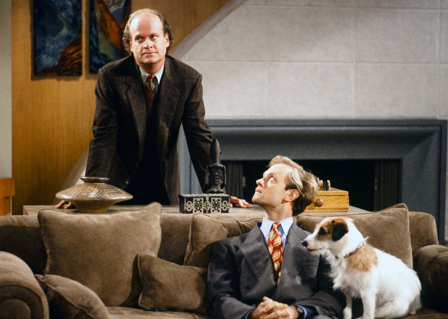 Kelsey Grammer, David Hyde Pierce, and Moose in "Frasier."