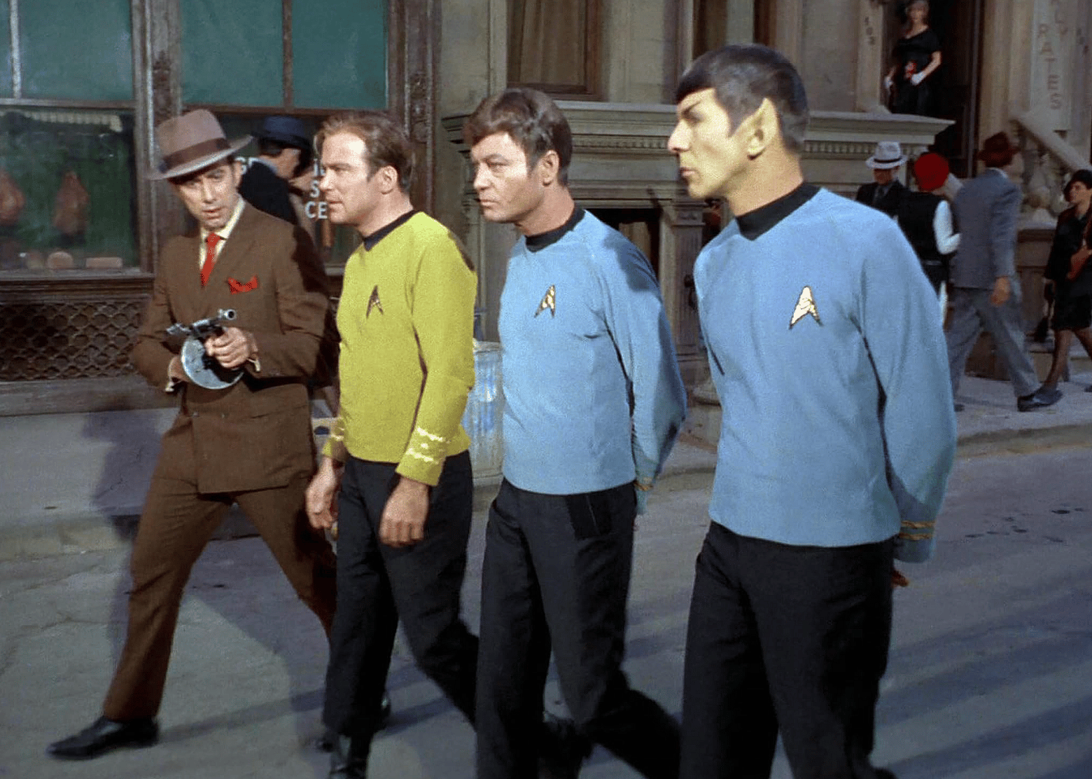 Leonard Nimoy, William Shatner, DeForest Kelley, and Lee Delano in Star Trek.
