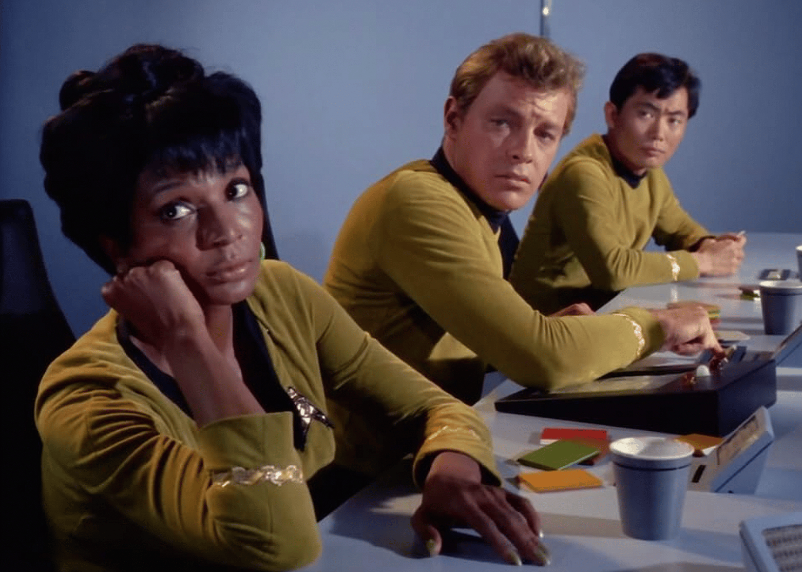 George Takei, Anthony D. Call, and Nichelle Nichols in Star Trek.