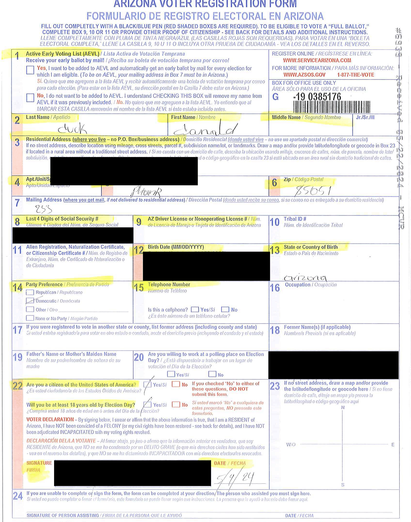 Copy of paper voter registration form filled out by someone who wrote the voter's name was "Donald Duck." 