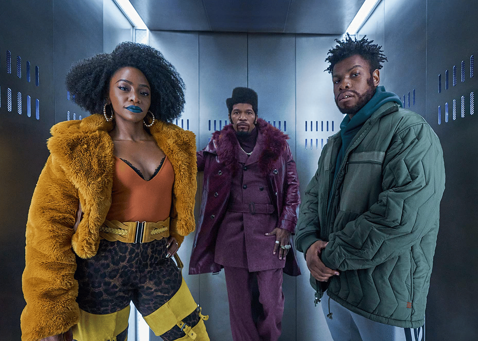 Jamie Foxx, Teyonah Parris, and John Boyega in "They Cloned Tyrone".