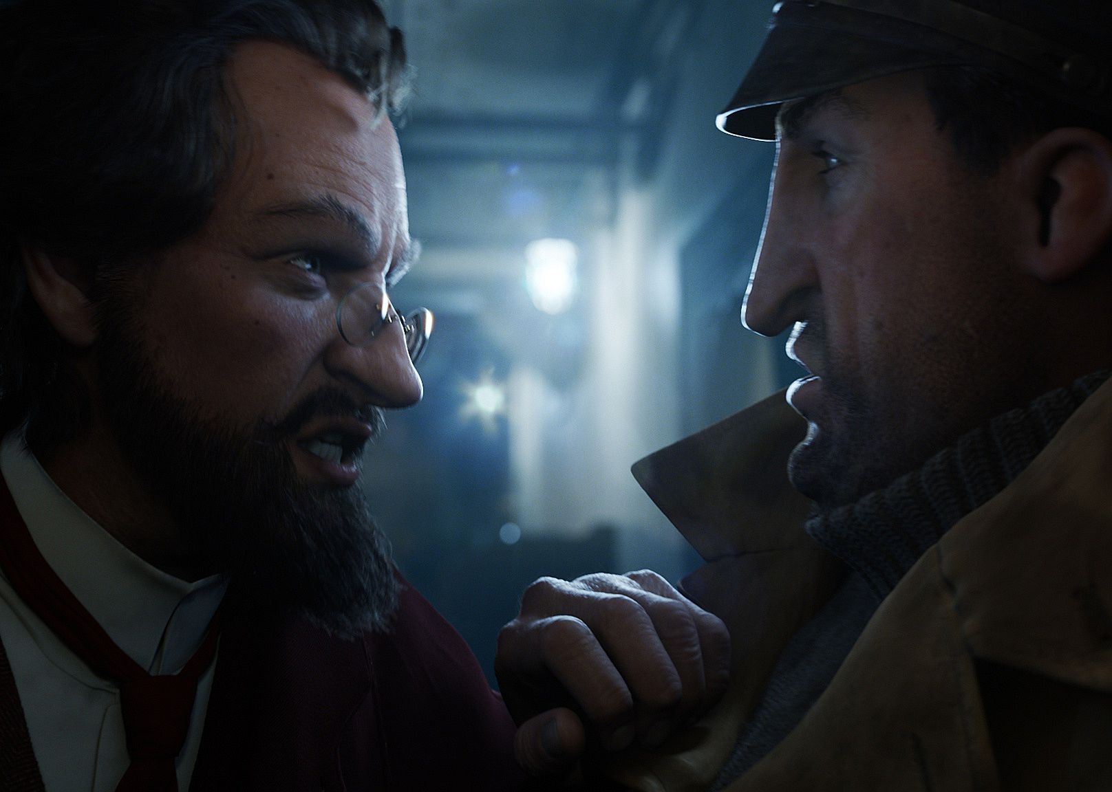 Two animated men exchanging angry words.