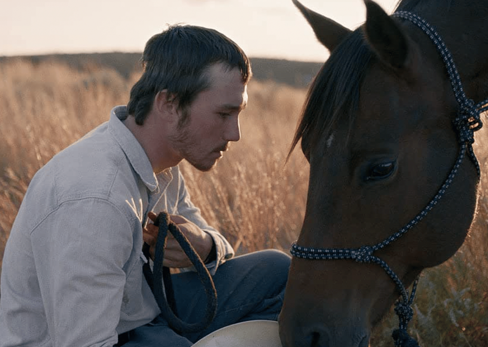 Brady Jandreau and a horse in a scene from "The Rider".