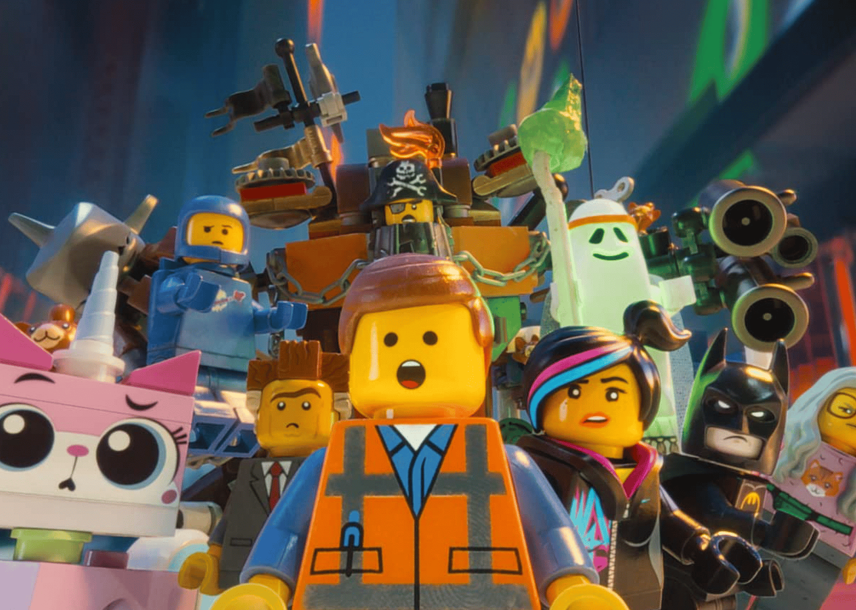 Morgan Freeman, Will Ferrell, Will Arnett, Elizabeth Banks, Charlie Day, Nick Offerman, Chris Pratt, and Alison Brie in "The Lego Movie".