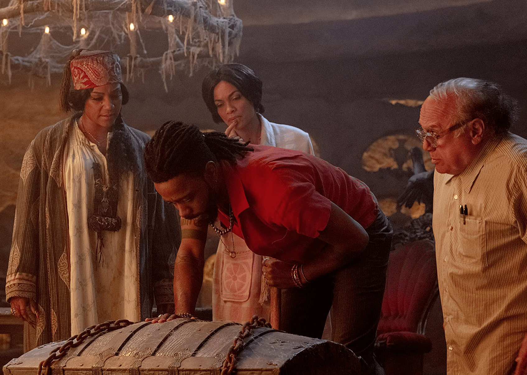 Danny DeVito, Rosario Dawson, Tiffany Haddish, and LaKeith Stanfield in "Haunted Mansion".