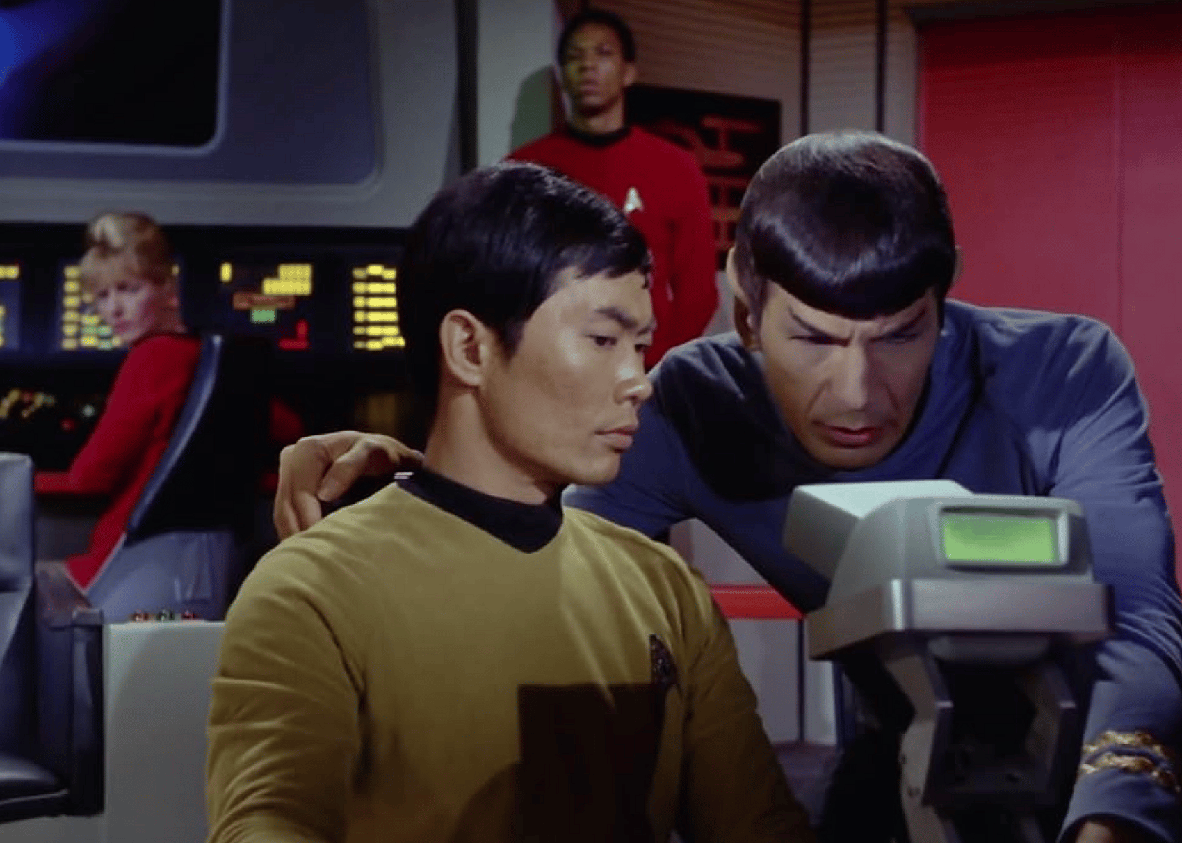 Leonard Nimoy, George Takei, and Elizabeth Rogers in Star Trek.