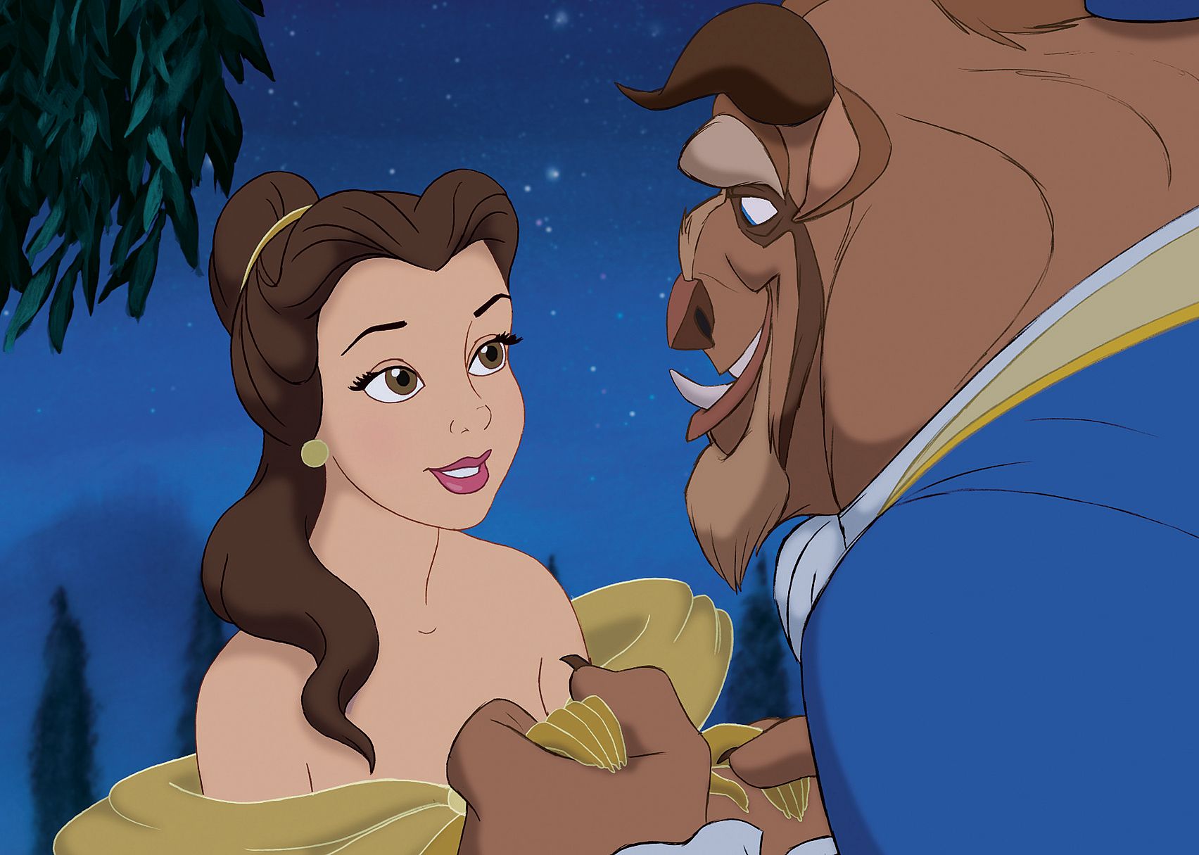 A cartoon of a beautiful woman holding hands with a beast in a suit.