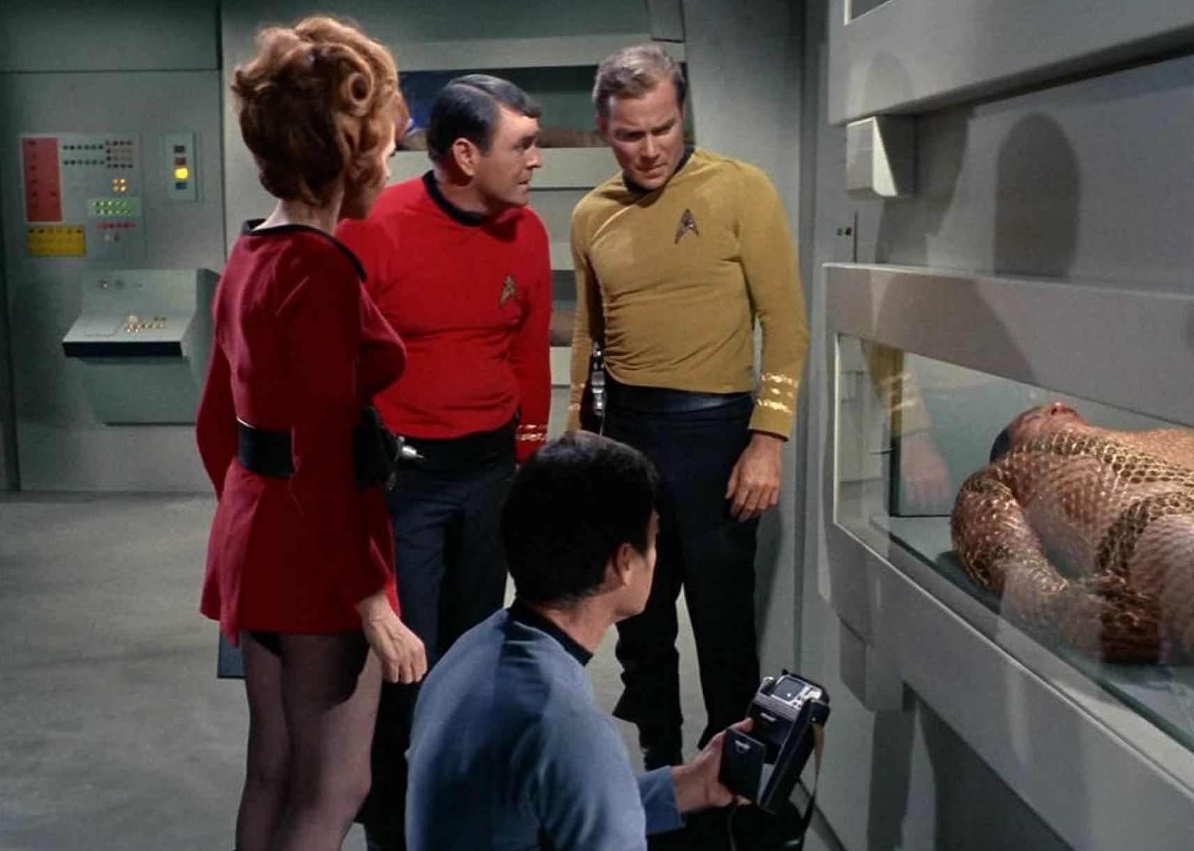 William Shatner, James Doohan, DeForest Kelley, Ricardo Montalban, and Madlyn Rhue in Star Trek.