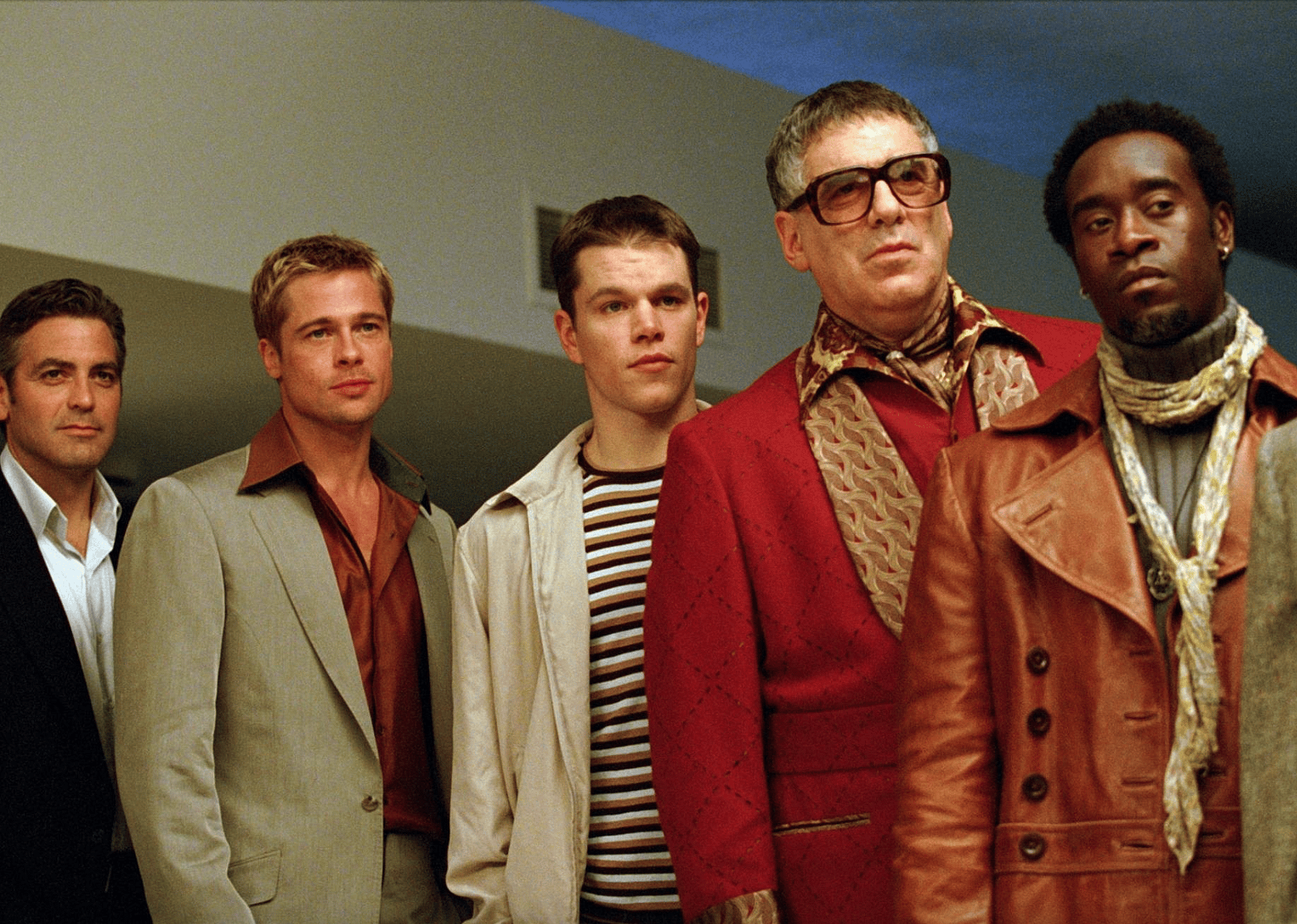 Brad Pitt, George Clooney, Don Cheadle, Matt Damon, and Elliott Gould in "Ocean's Eleven"