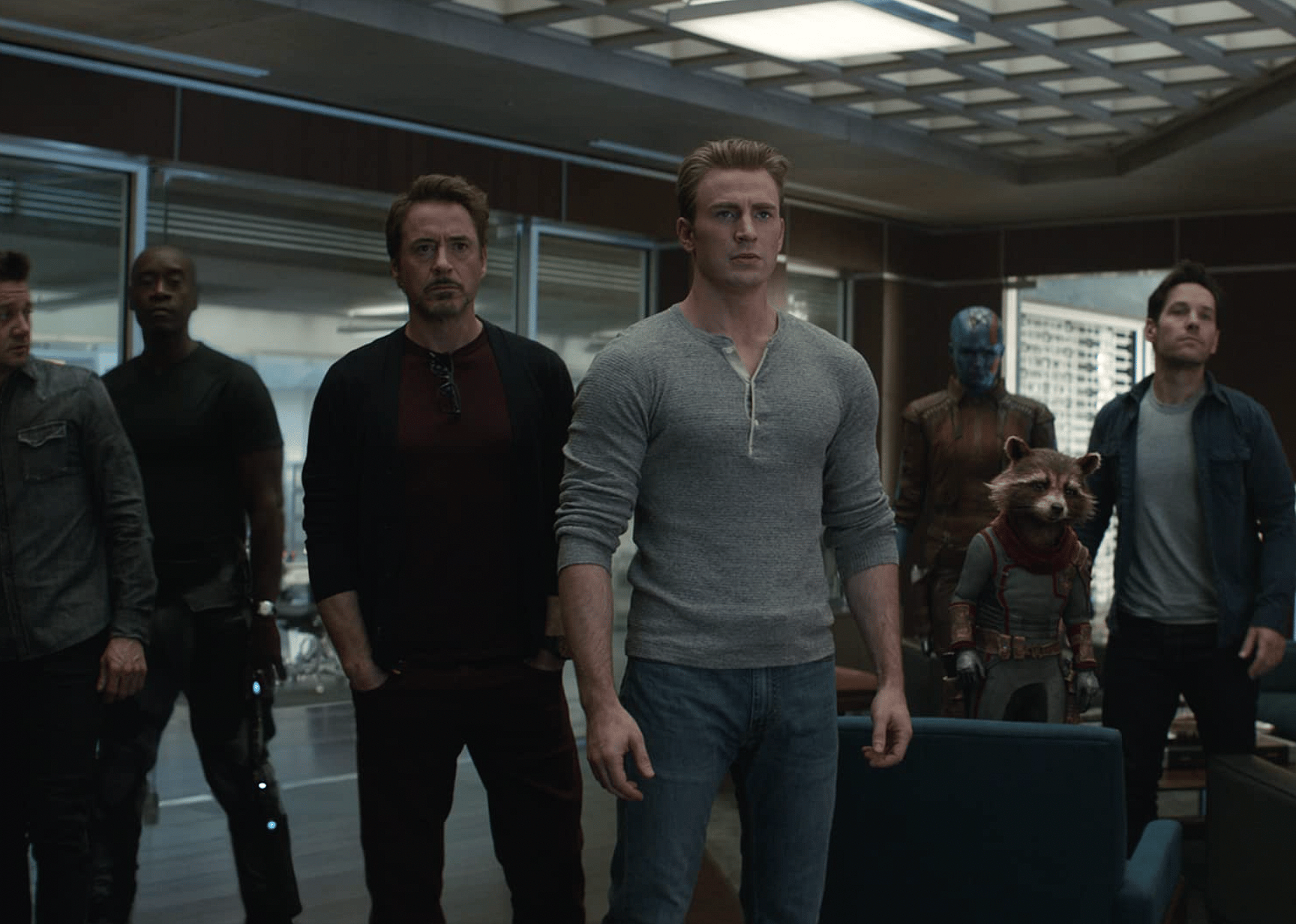 Don Cheadle, Robert Downey Jr., Bradley Cooper, Chris Evans, Scarlett Johansson, Jeremy Renner, Paul Rudd, and Karen Gillan in "Avengers: Endgame".