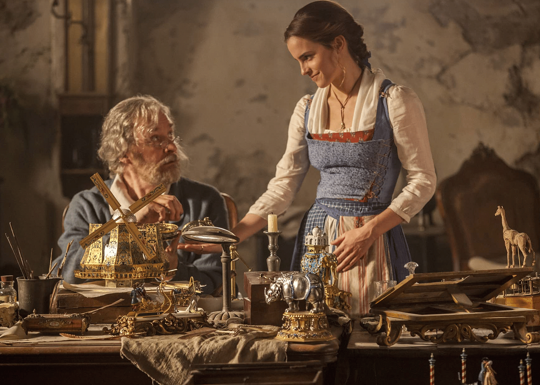 Kevin Kline and Emma Watson in "Beauty and the Beast".