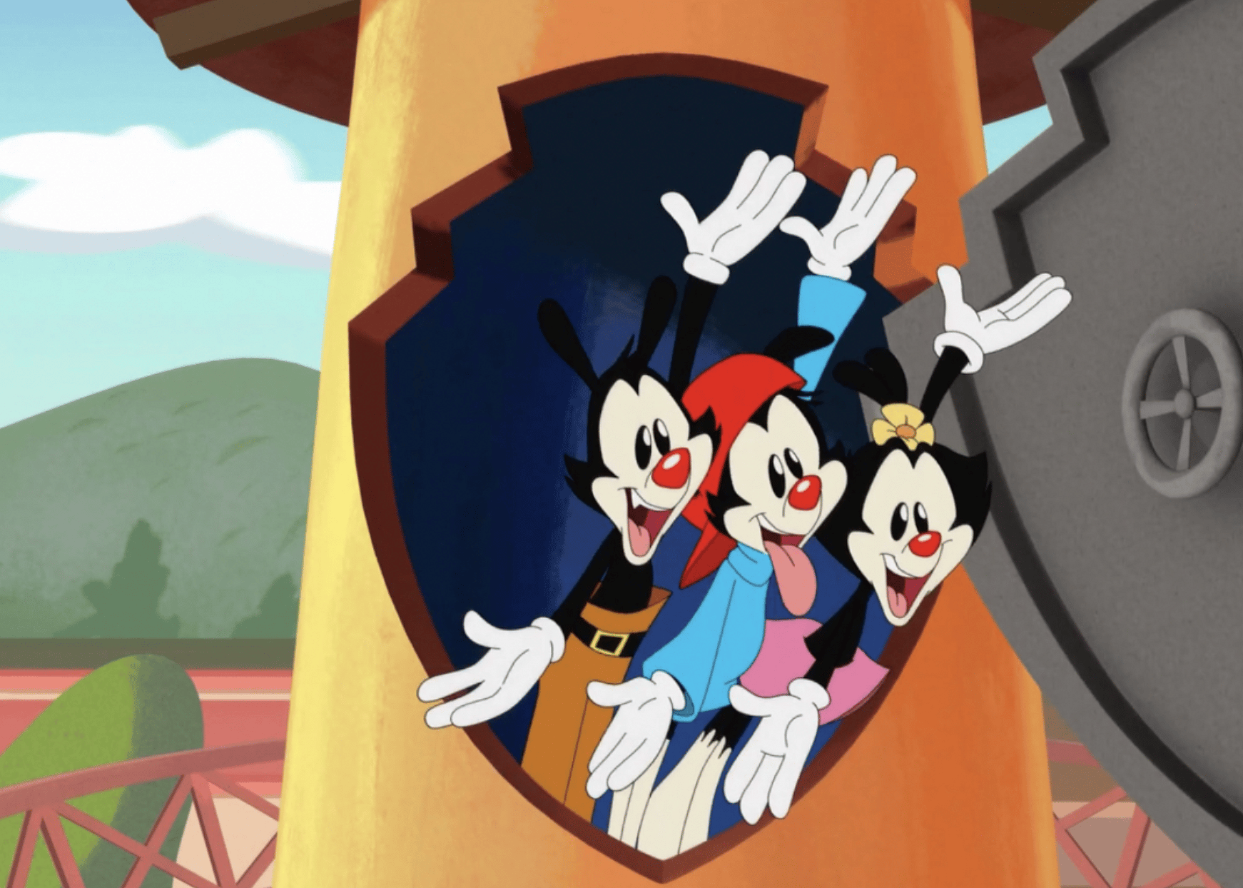 Animated characters, Yakko, Wakko, and Dot, in Animaniacs