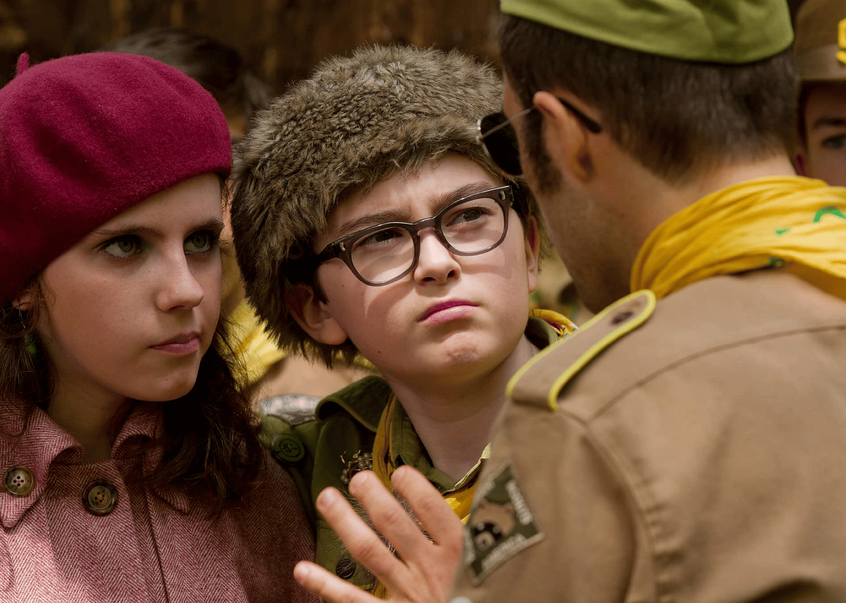 Jason Schwartzman, Jared Gilman, and Kara Hayward in Moonrise Kingdom.