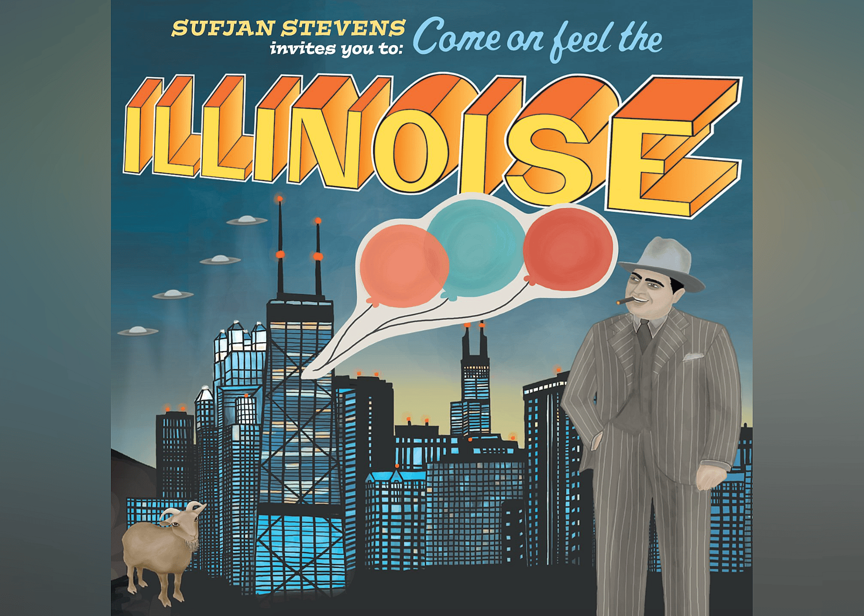 A drawing of Al Capone and the Chicago skyline.