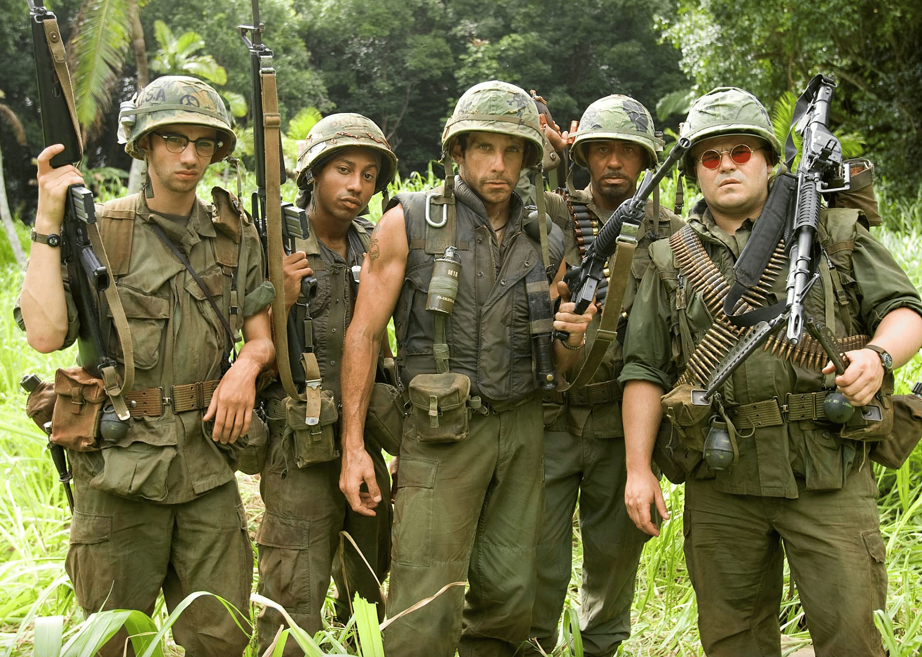 Robert Downey Jr., Ben Stiller, Jay Baruchel, Jack Black, and Brandon T. Jackson in "Tropic Thunder".