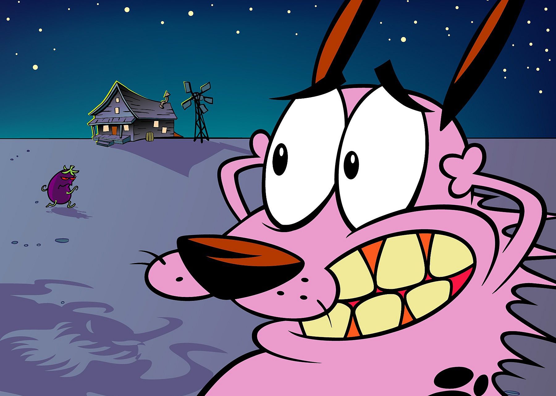 A scared pink cartoon dog.