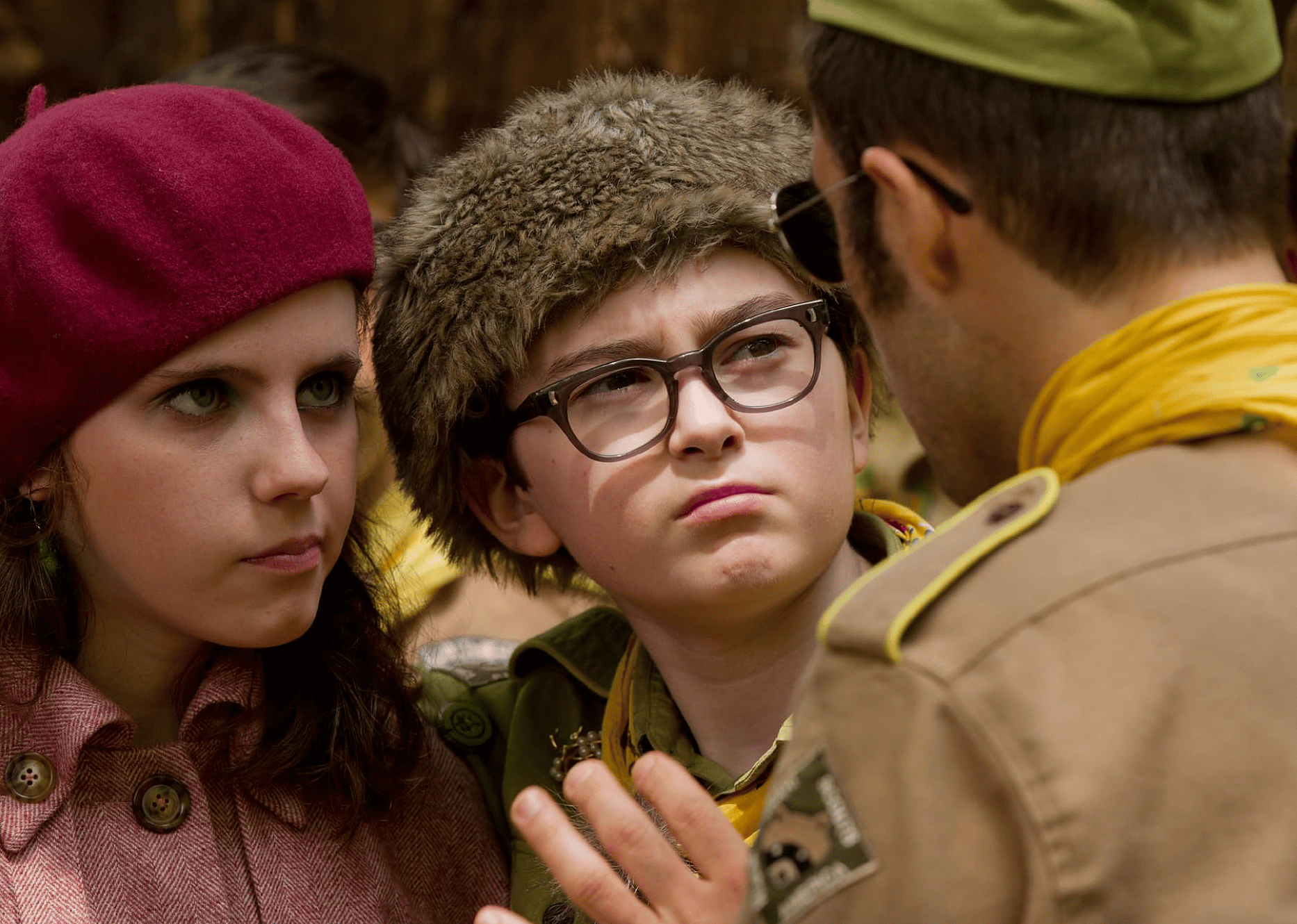 Jason Schwartzman, Jared Gilman, and Kara Hayward in "Moonrise Kingdom".