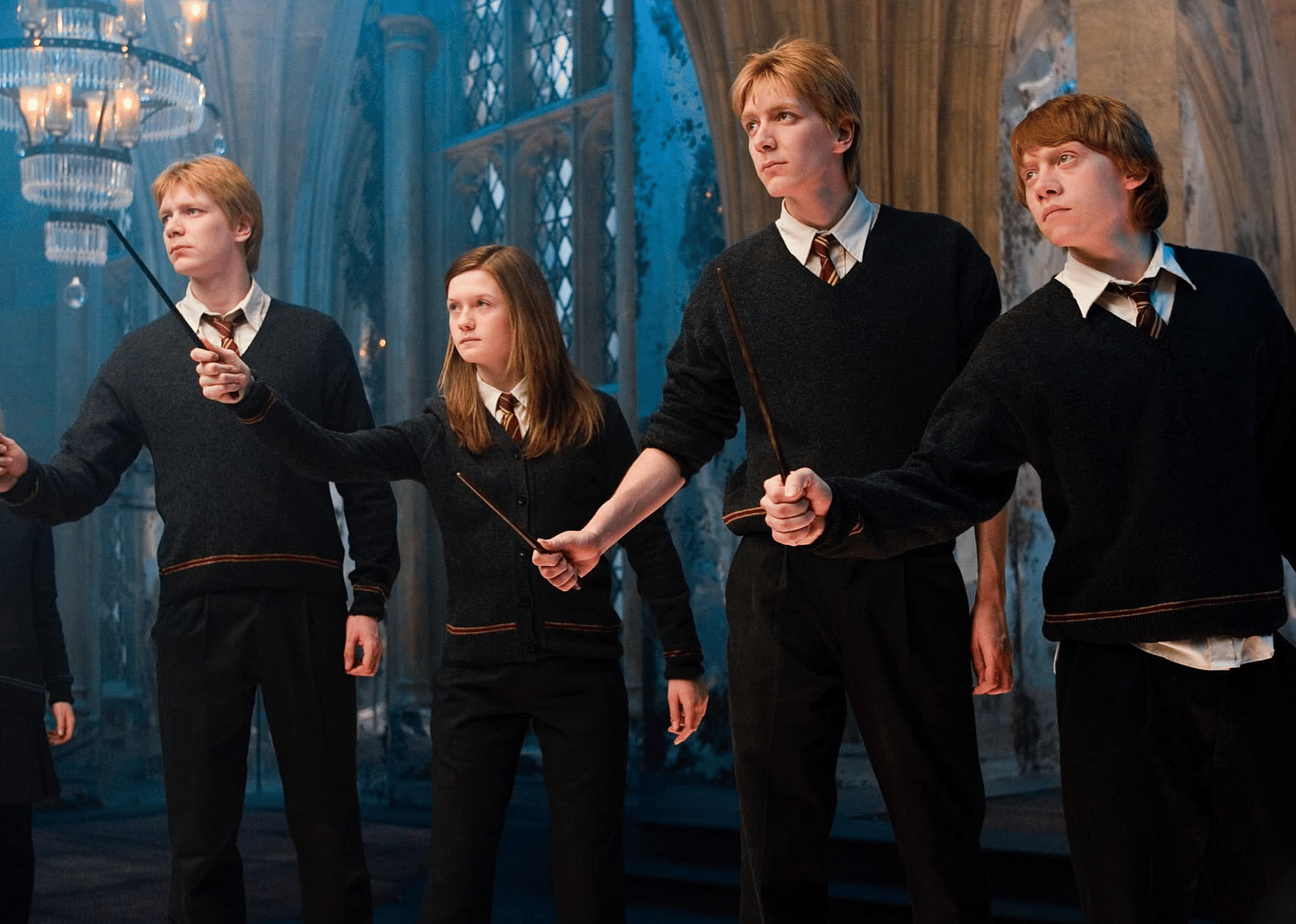Rupert Grint, Bonnie Wright, James Phelps, Oliver Phelps, and Evanna Lynch in "Harry Potter and the Order of the Phoenix".