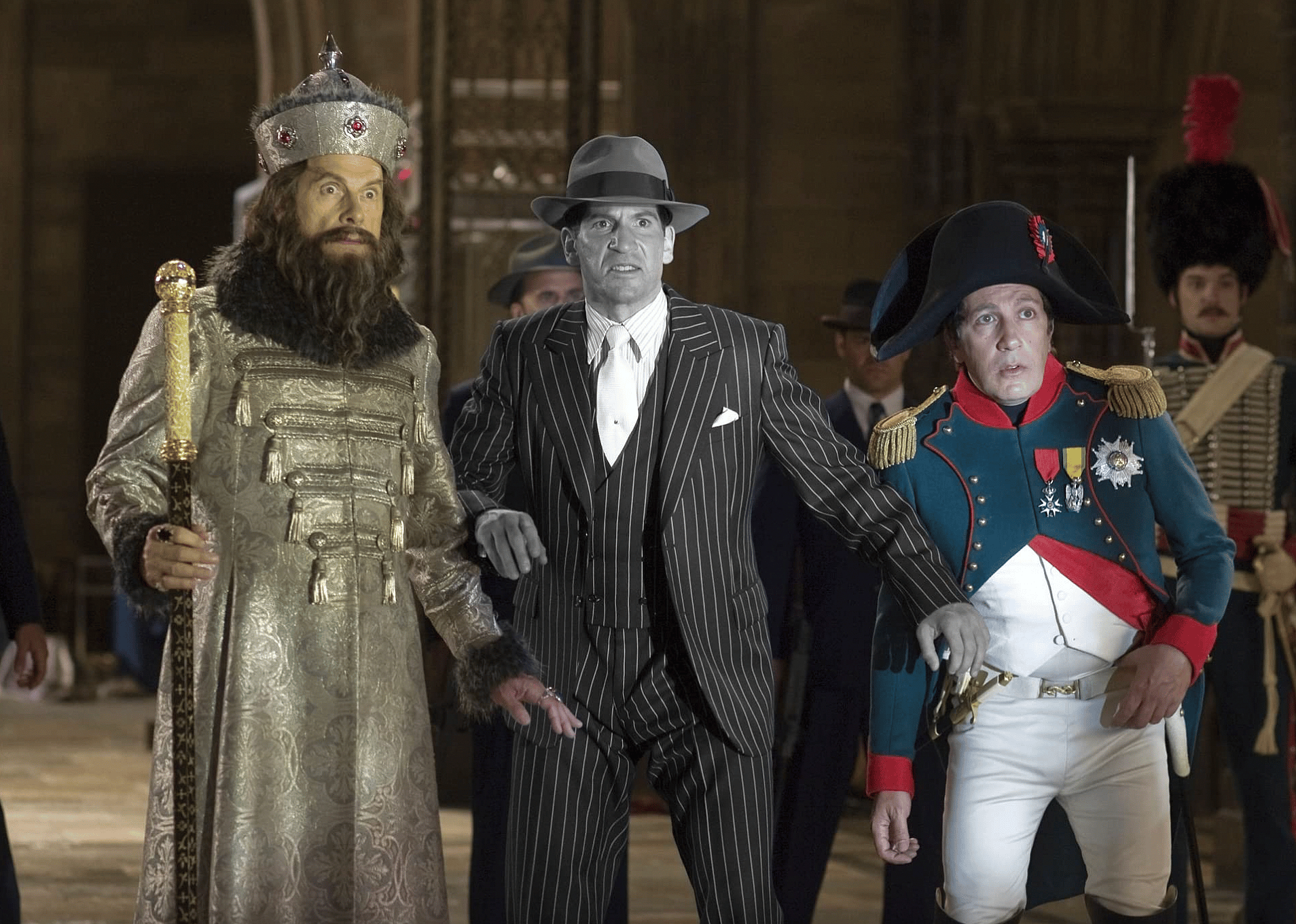 Christopher Guest, Alain Chabat, and Jon Bernthal in "Night at the Museum: Battle of the Smithsonian".