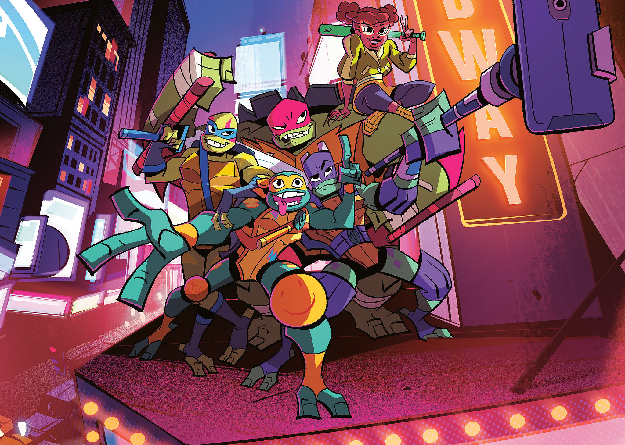 Cartoon of the teenage mutant ninja turtles taking a selfie on broadway.