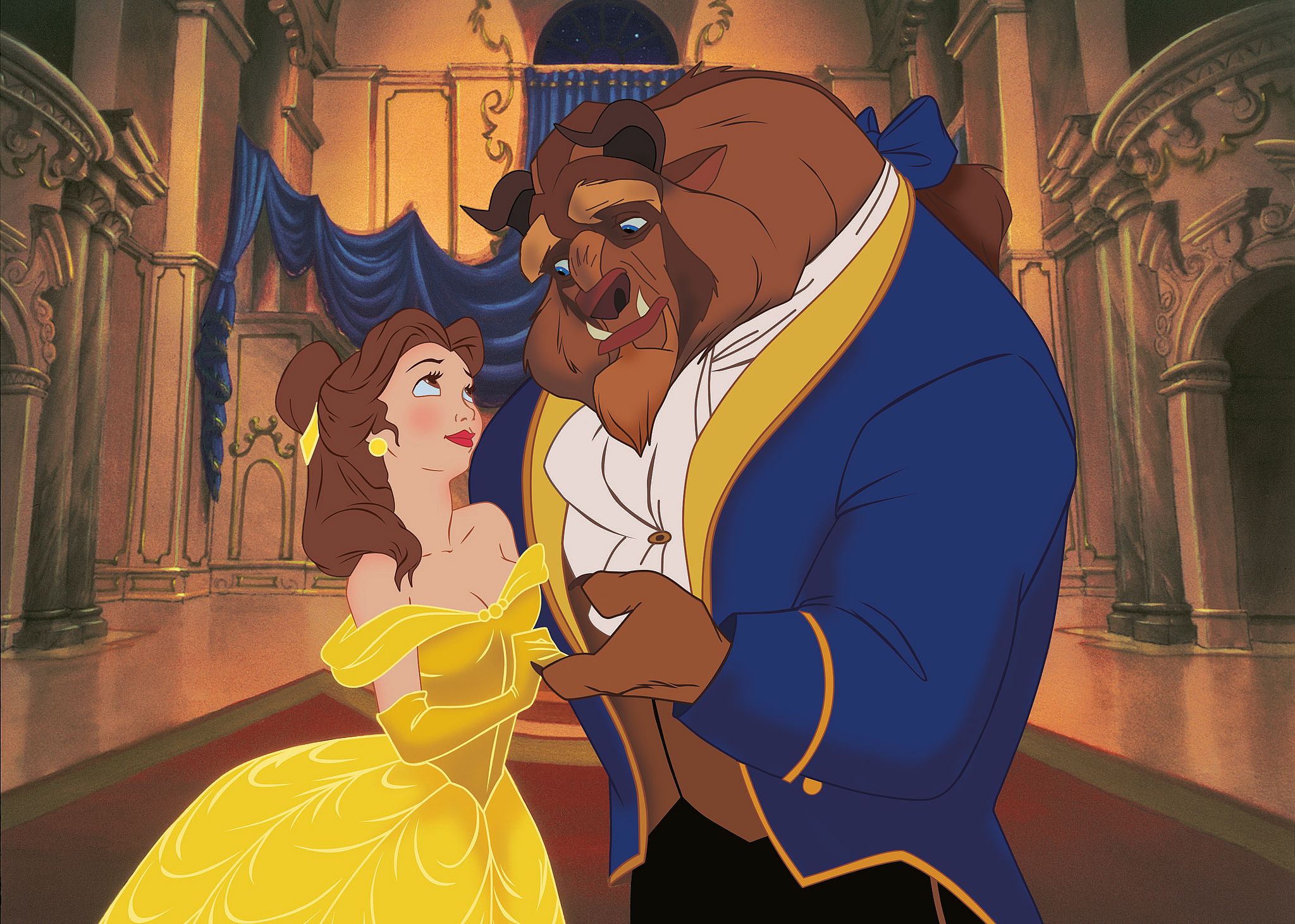A cartoon of Belle in a yellow ball gown dancing with the Beast in a blue suit.