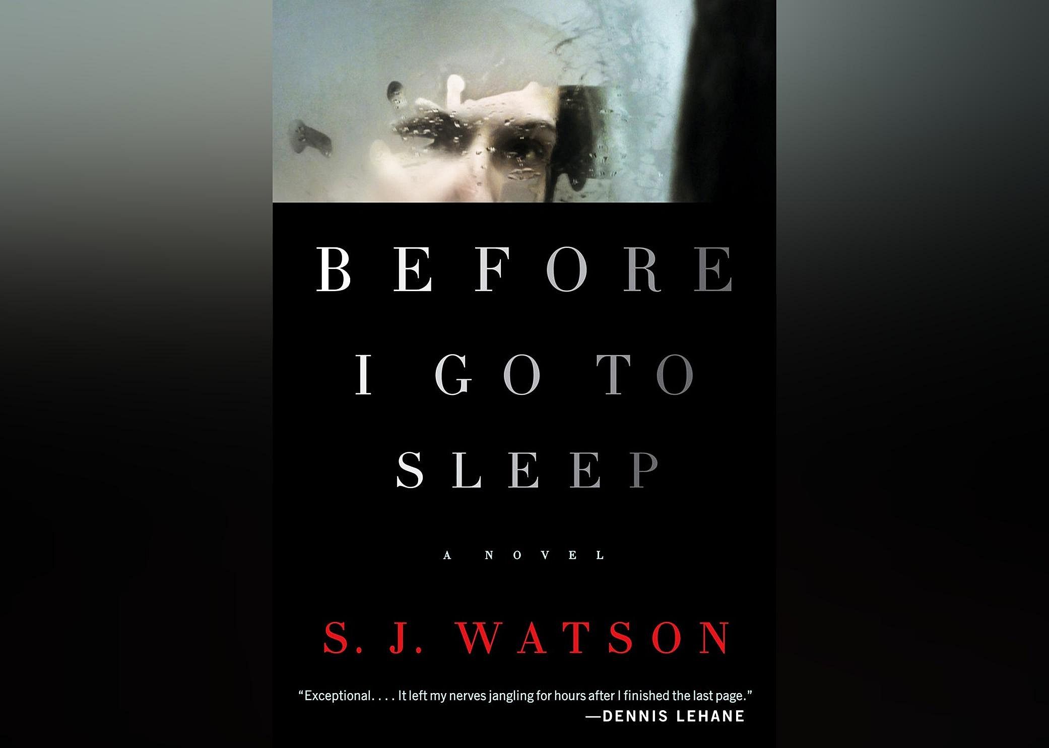 The cover is mostly black, with the top section showing the top half of a person's face looking through a foggy and rain-covered window. 