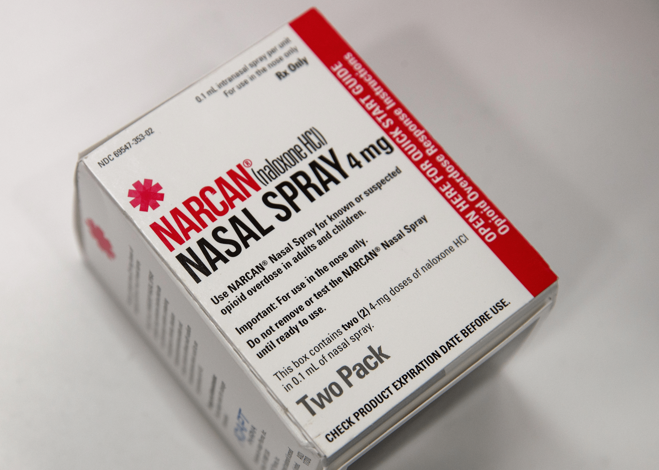Close up of a box of narcan nasal spray