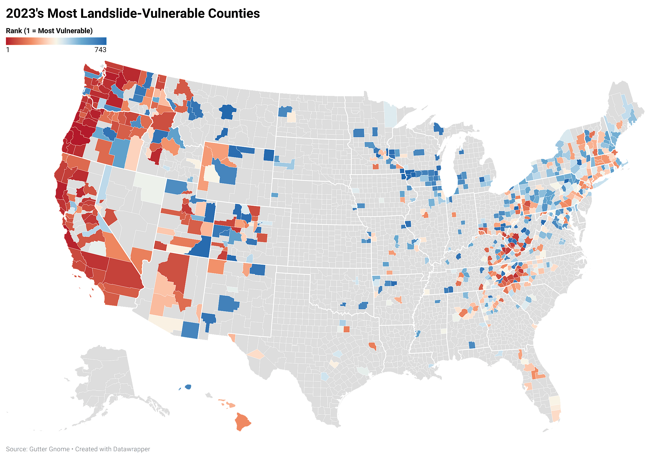 A US map showing 2023's Most Landslide-Vulnerable Counties