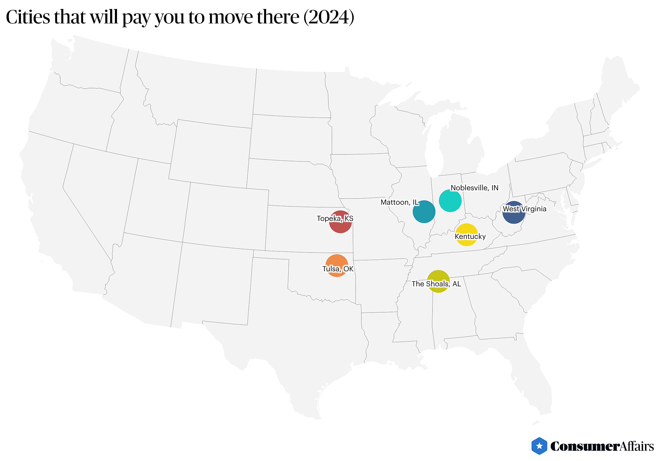 Map of U.S. showing cities that will pay you to move there (2024).