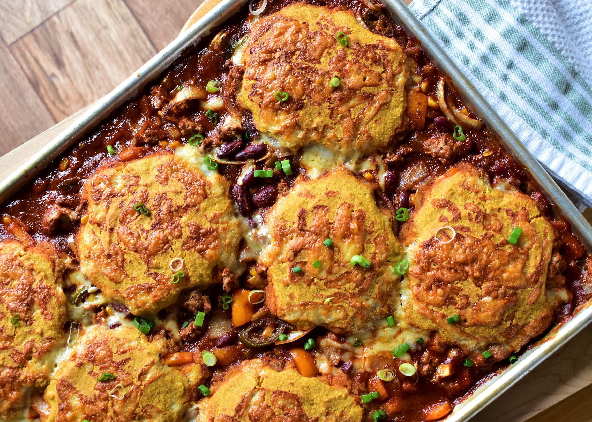 Sheet Pan Turkey Chili with Cornbread "Dumplings"