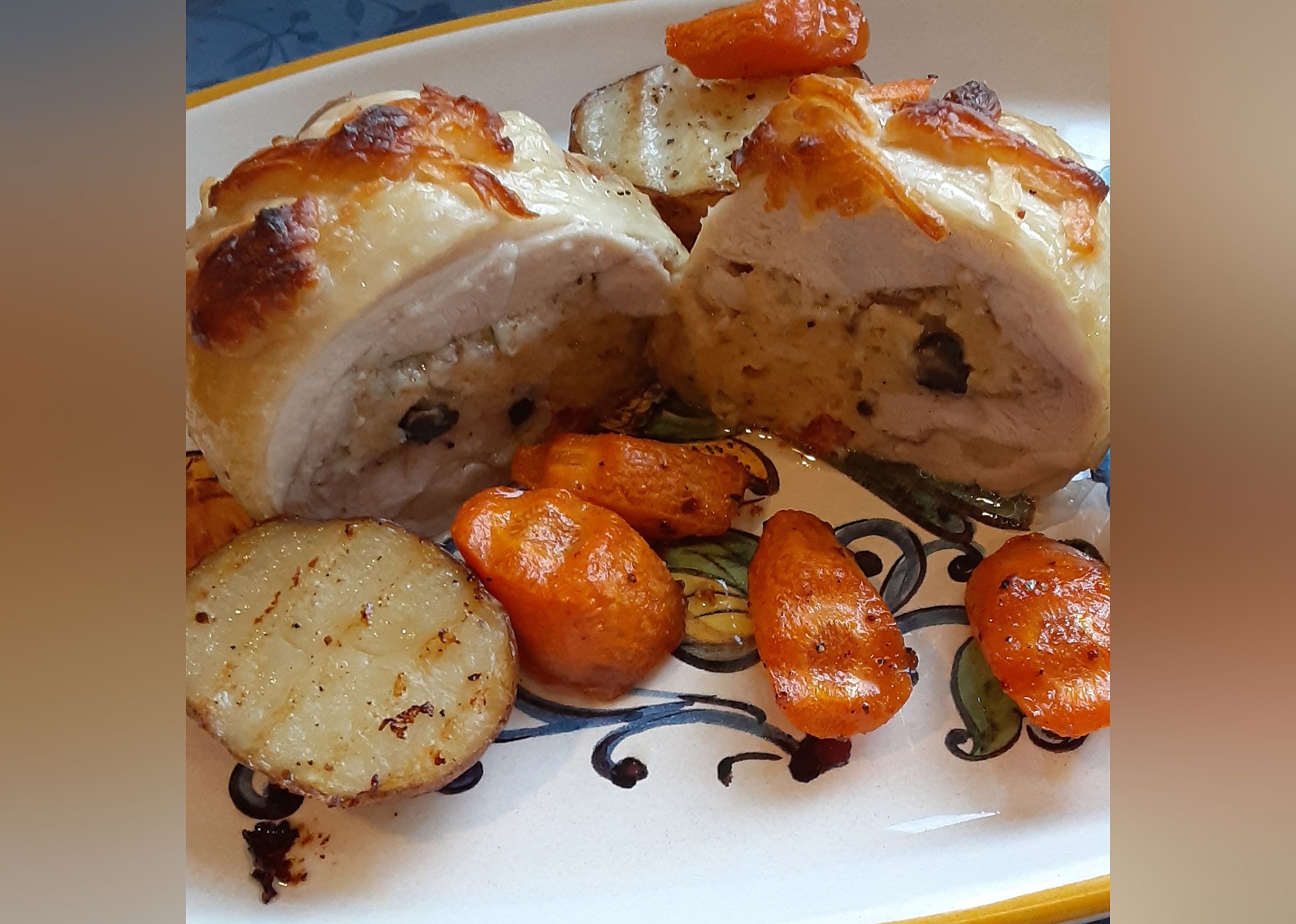 Stuffed Chicken Thighs with Roasted Potatoes and Carrots