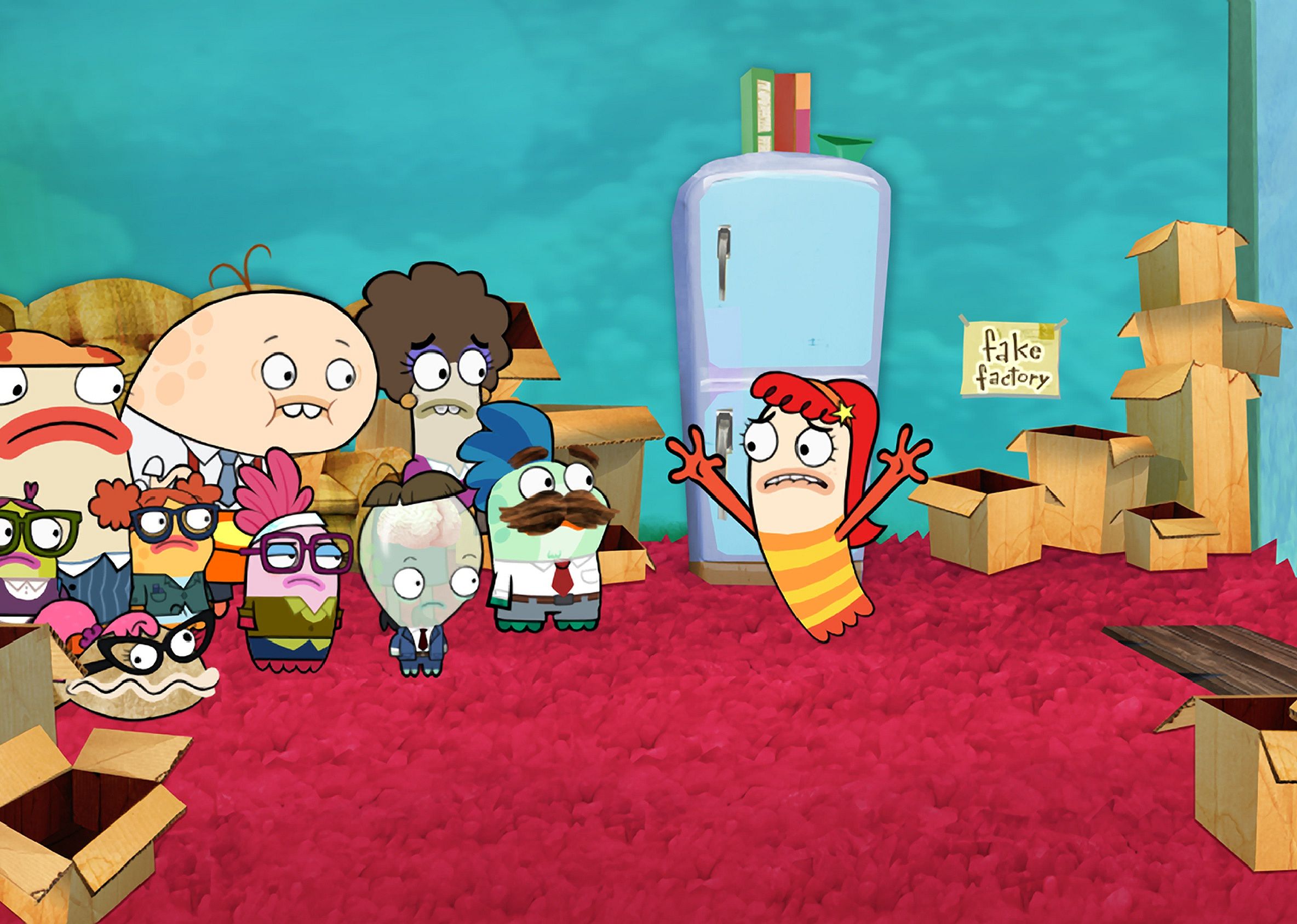 Cartoon fish standing around a bunch of empty boxes.