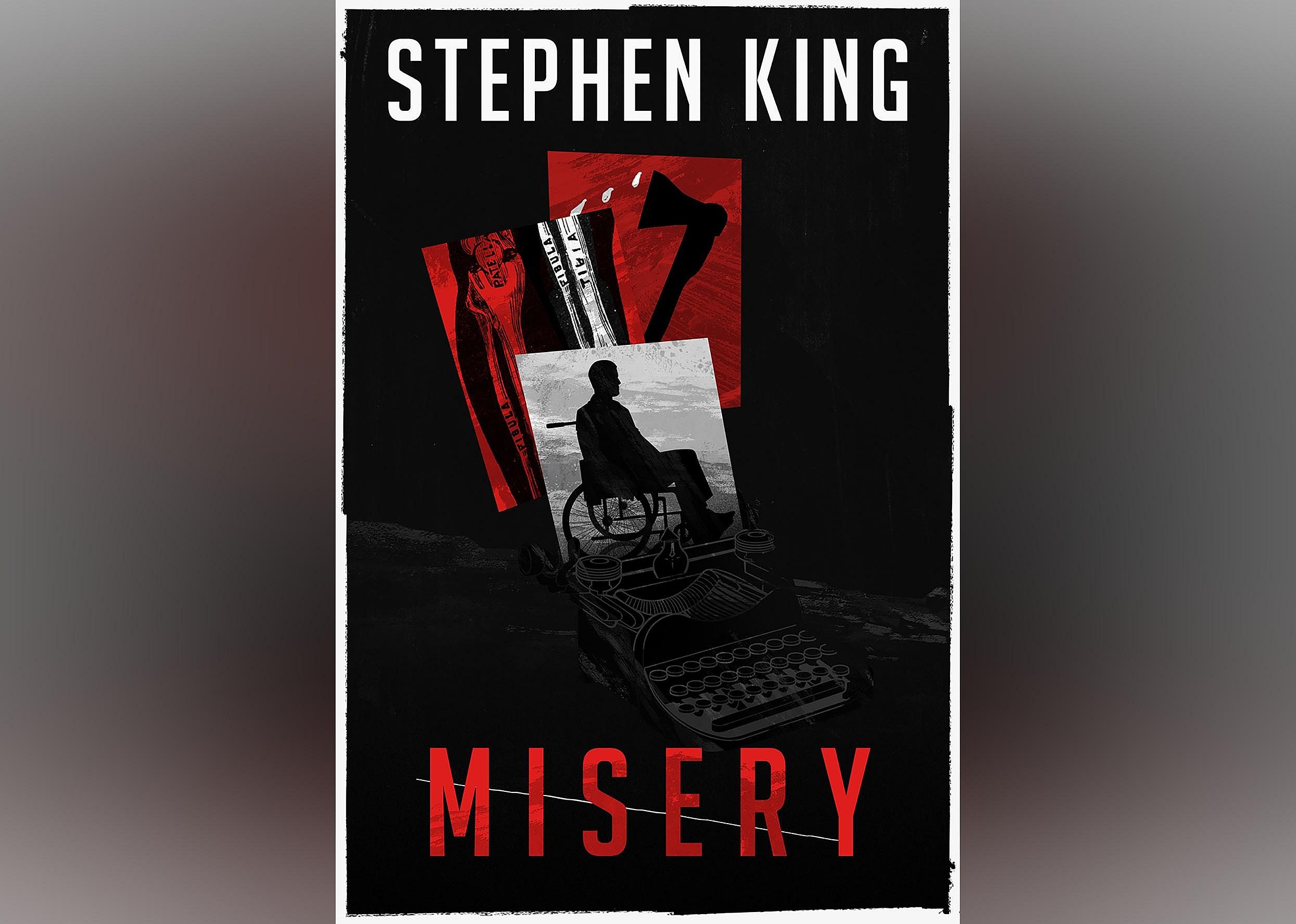 The illustrated cover shows a piece of paper that has a man in a wheelchair coming out of a typewriter, along an axe silhouette and a leg x-ray. 