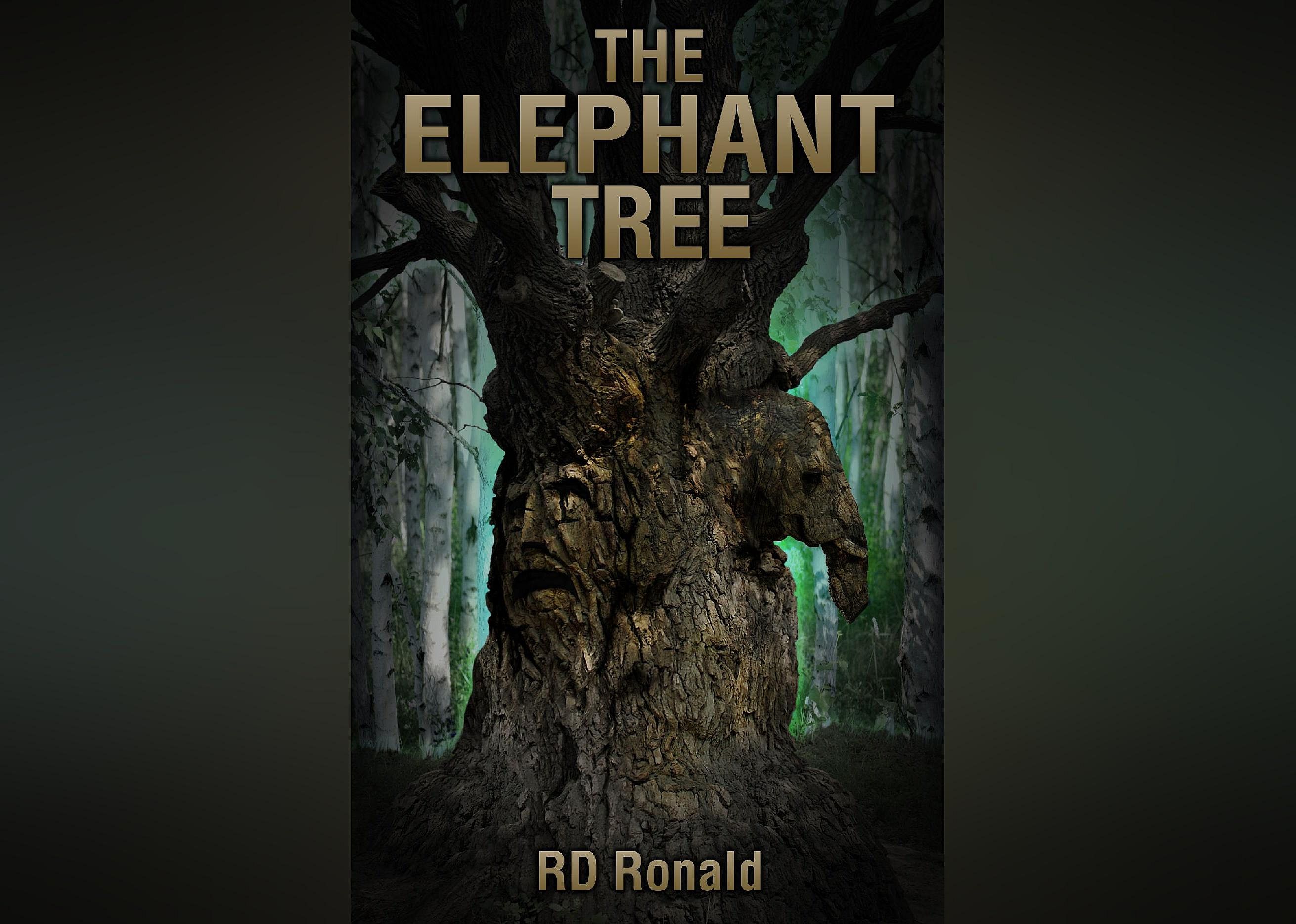 The cover shows the large trunk of a tree with an elephant and a face carved into it, in a green-glowing forest. 