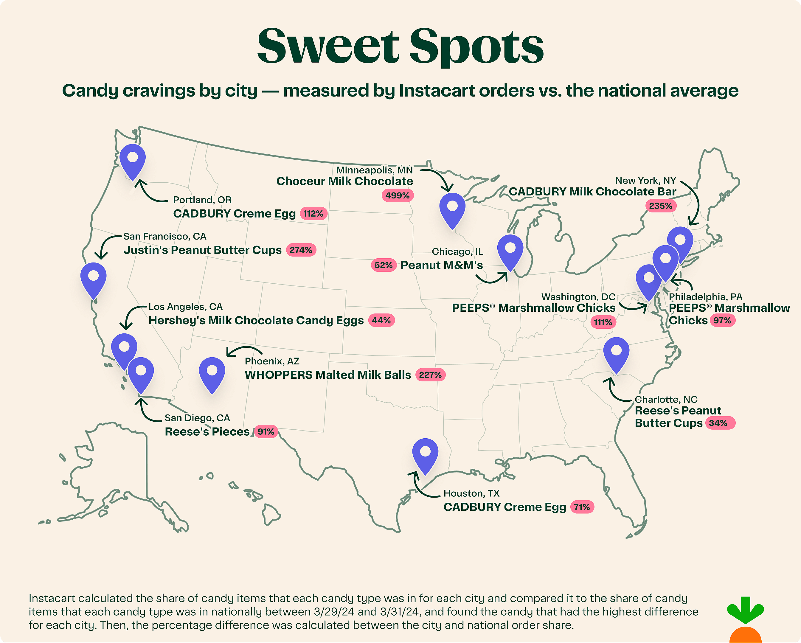 Map showing candy orders measured by Instacart orders vs. the national average.