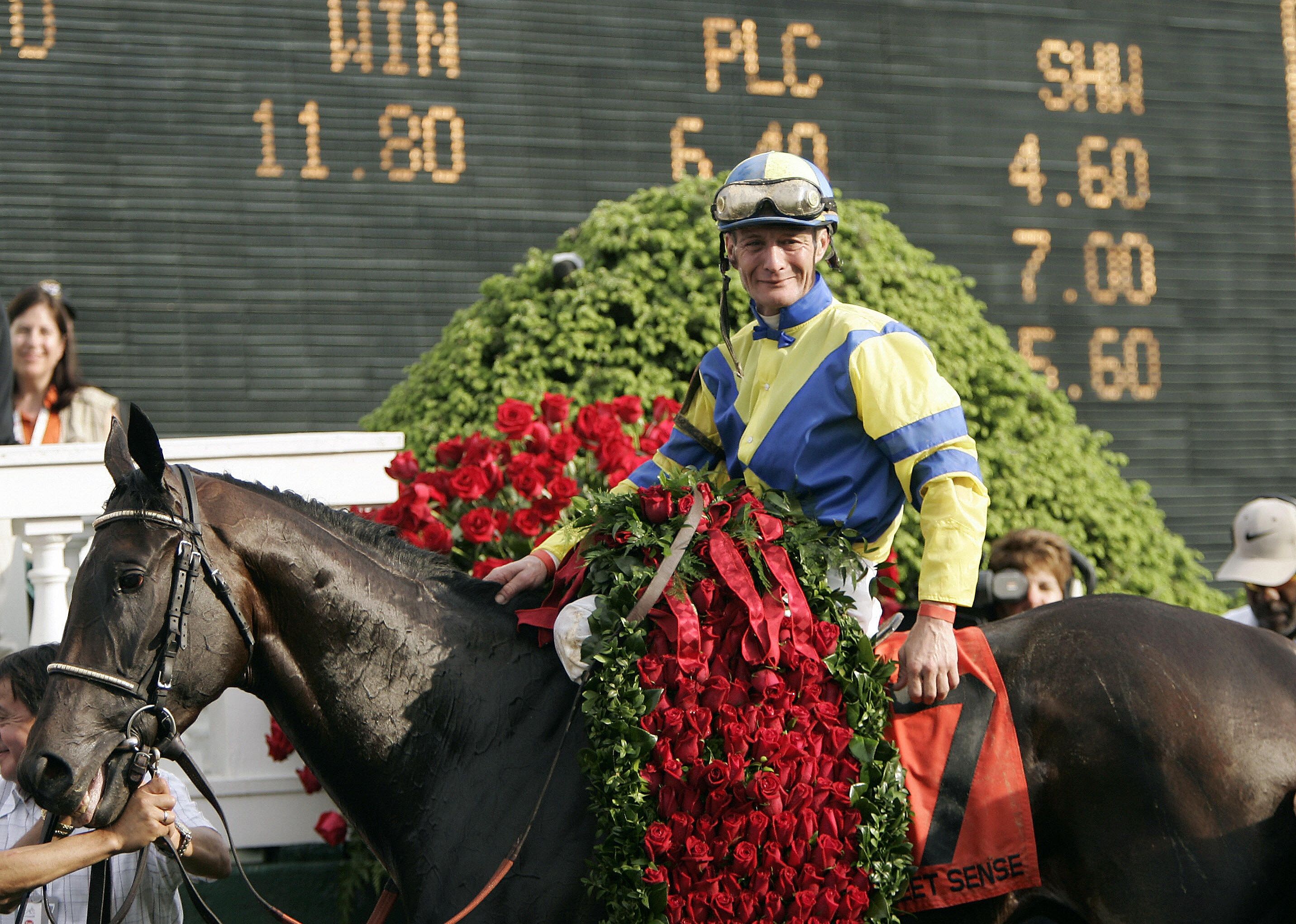 Calvin Borel atop his horse after winning the Kentucky Derby