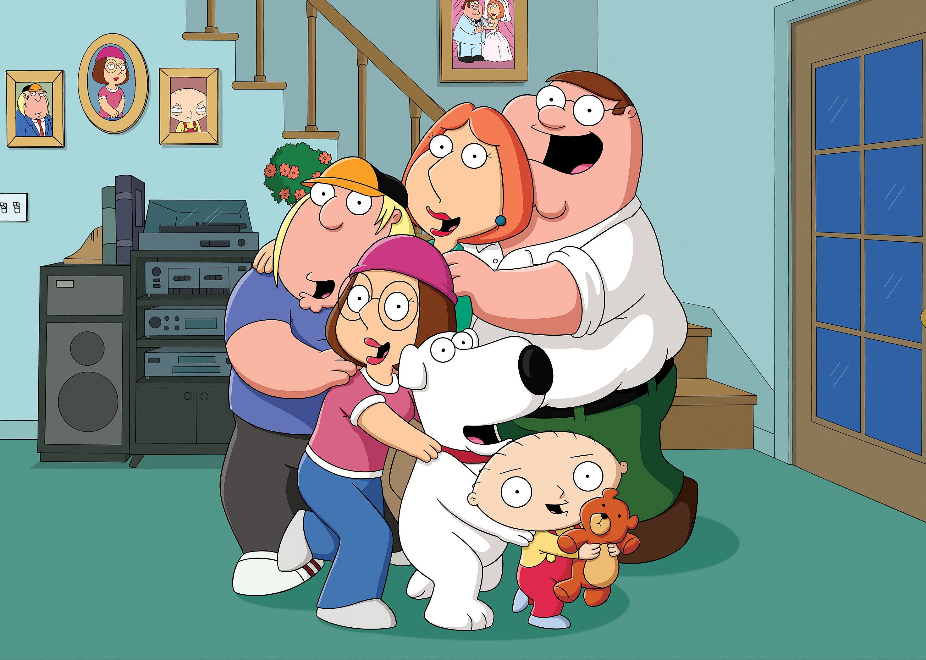 A cartoon family and their dog posing in their living room.