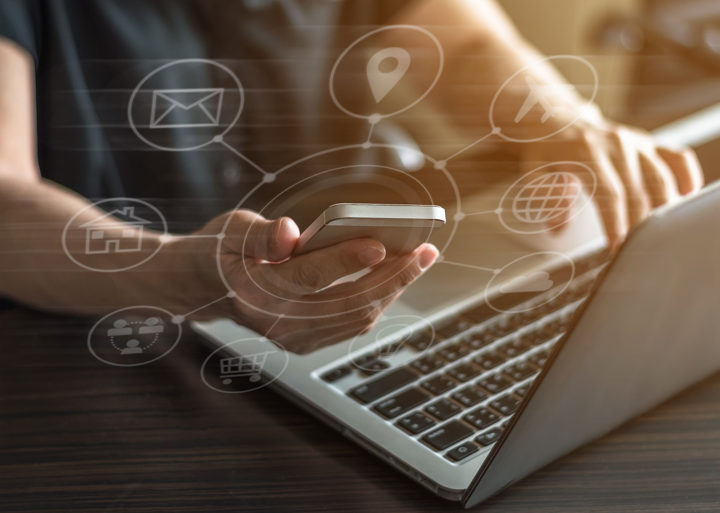 Illustration of a web of digital devices connecting to a phone.