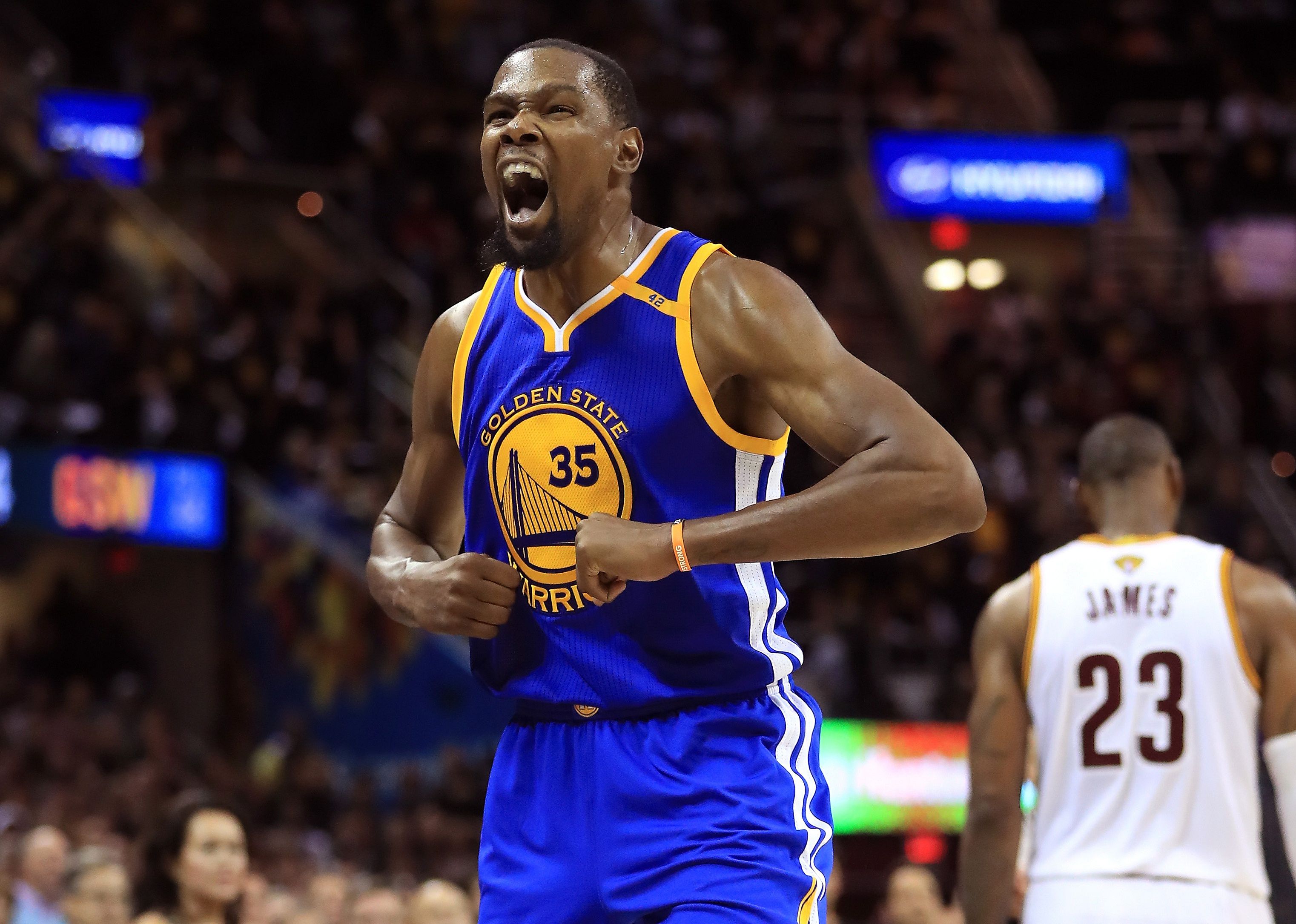 Kevin Durant of the Golden State Warriors reacts during a game