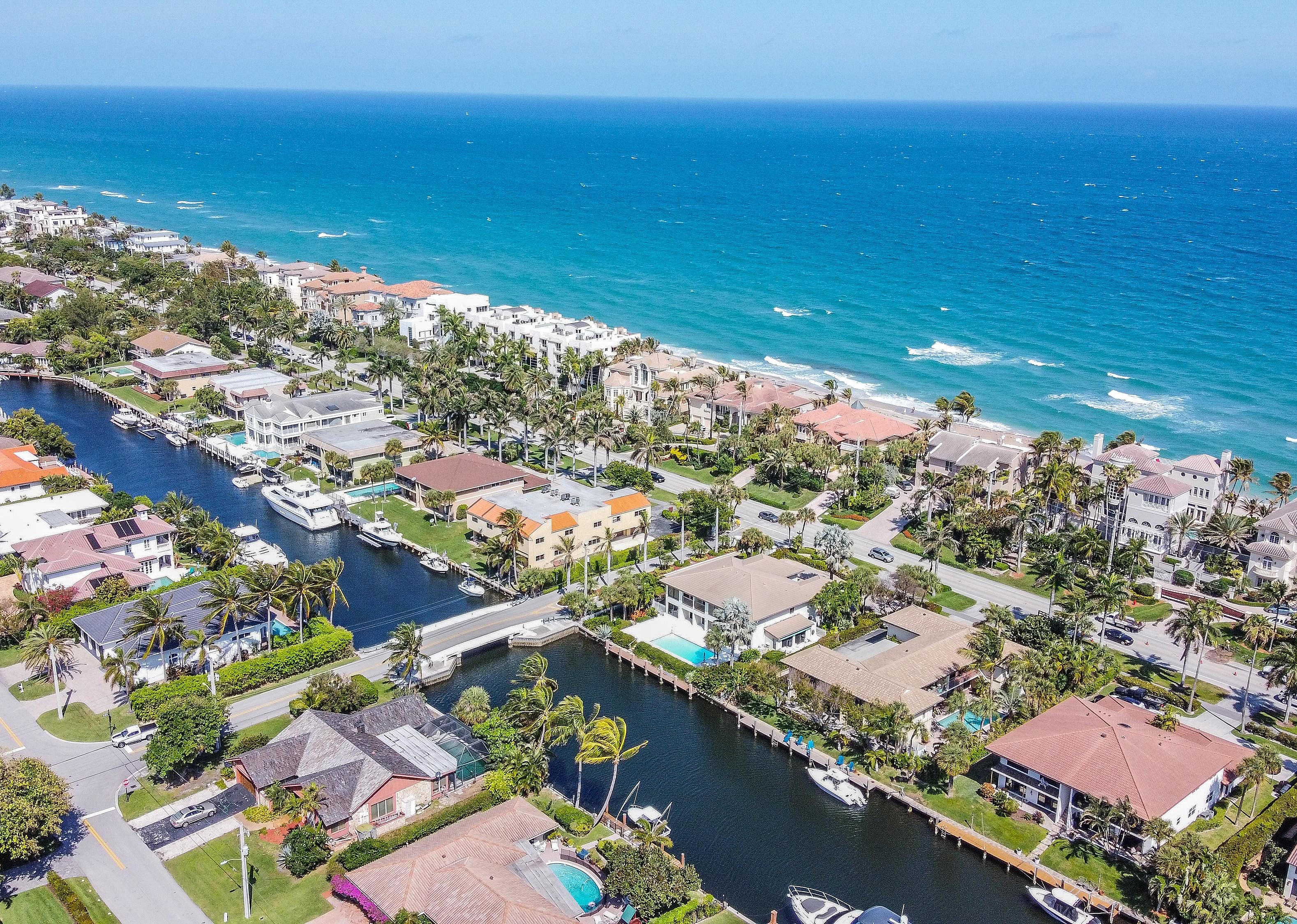 Aerial view of ocean front homes.