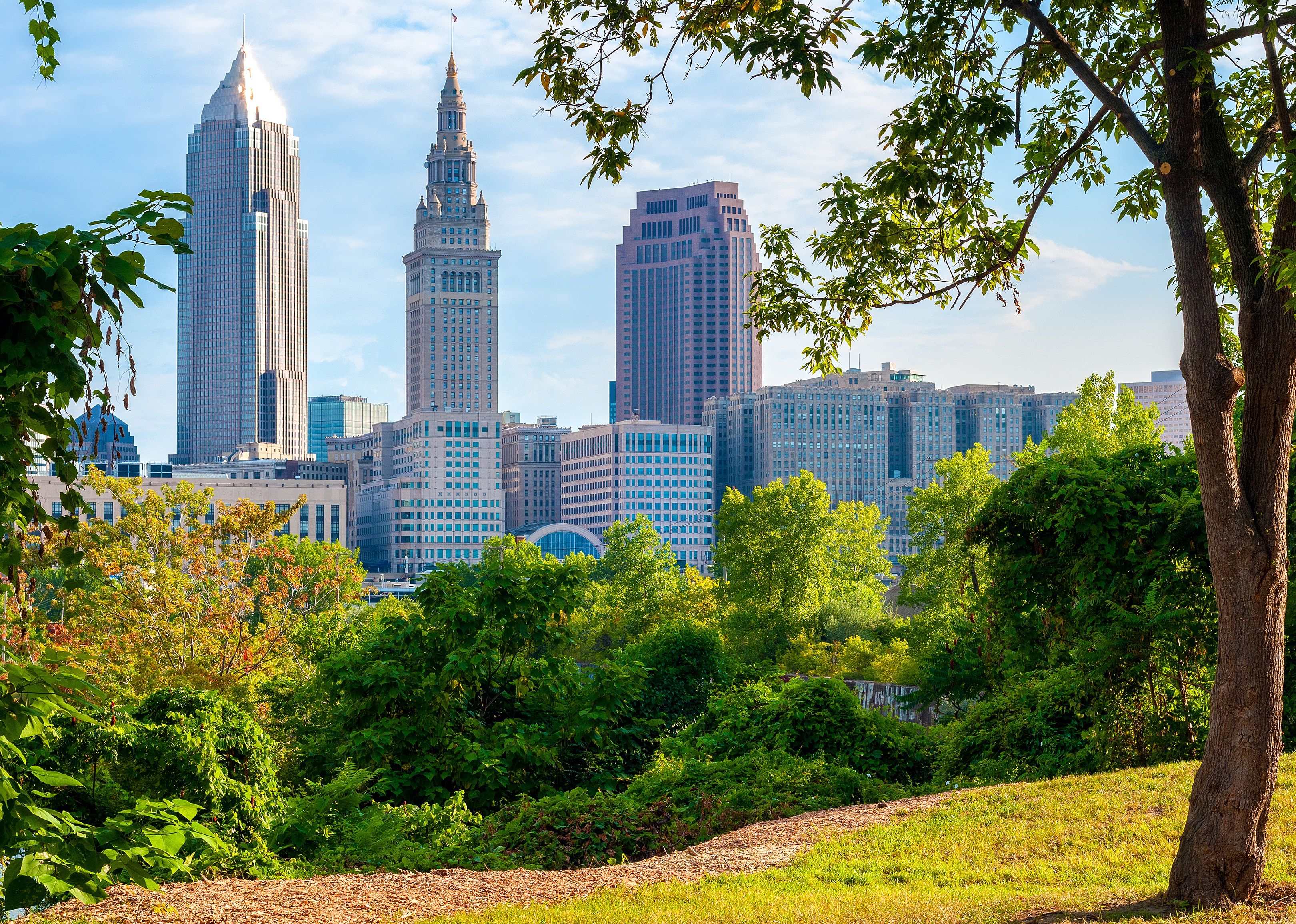 Cleveland, Ohio, in morning light framed by trees in a small park