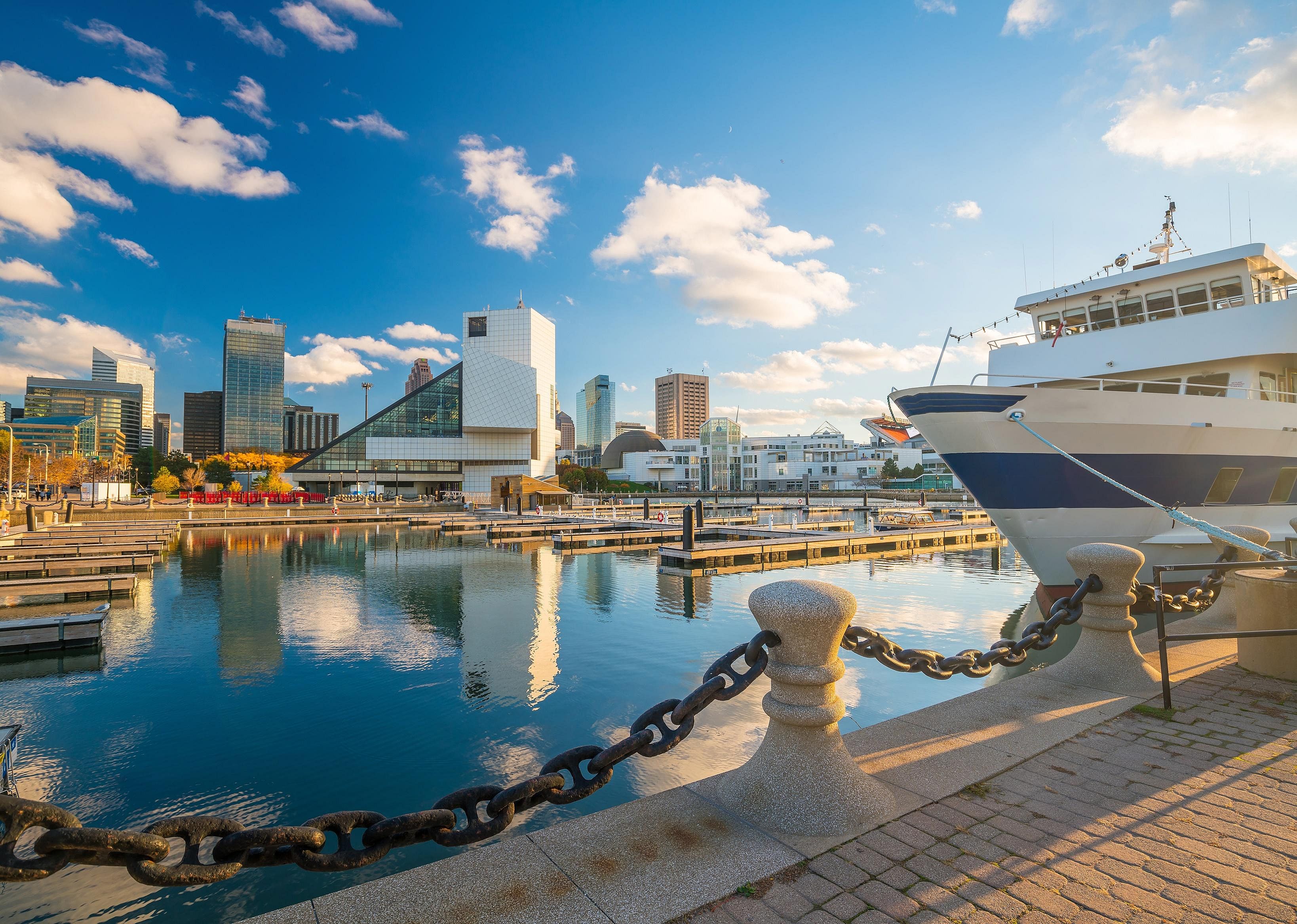 A view from the North Coast Harbor dock looking at the Rock & Roll Hall of Fame.