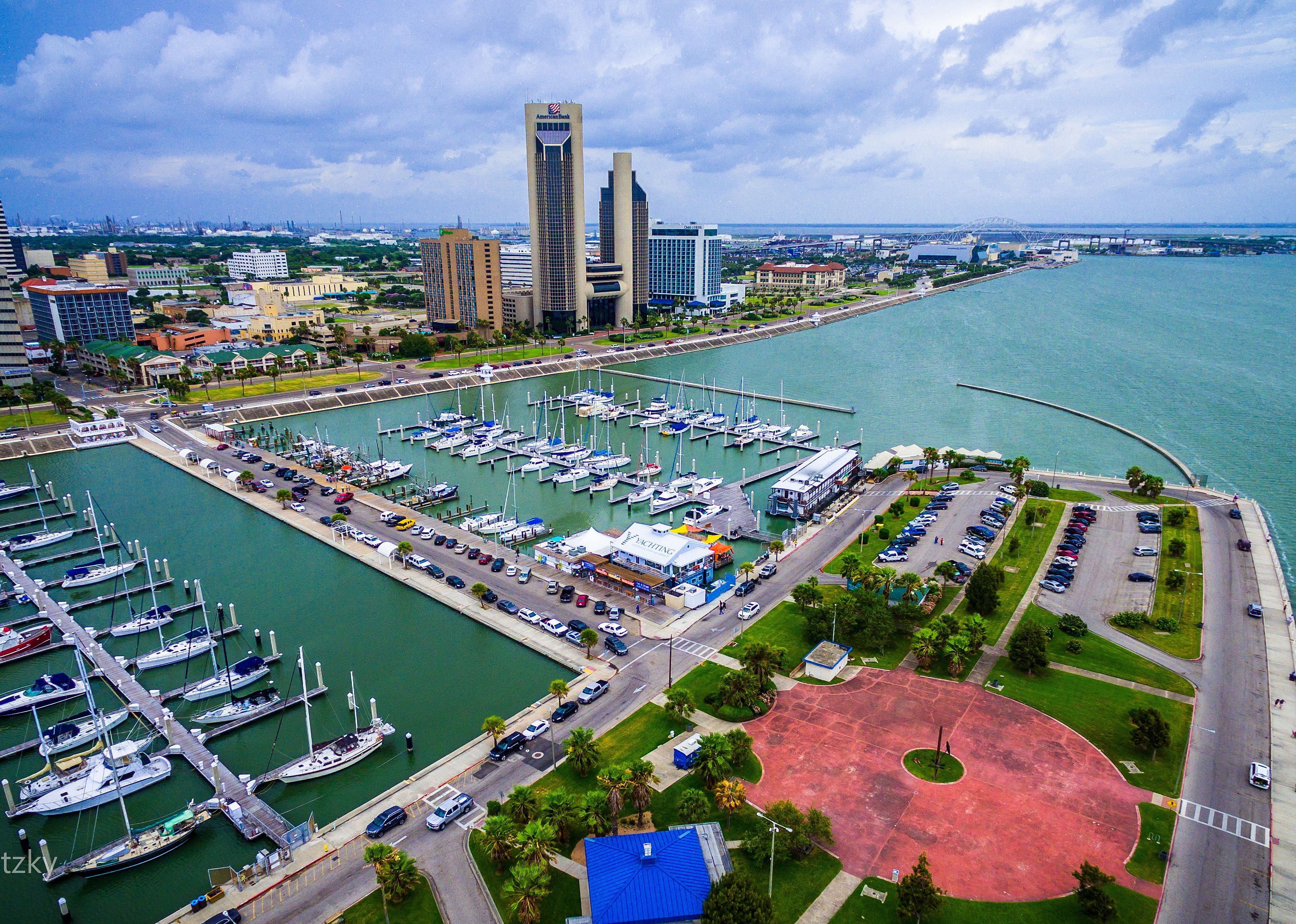 Corpus Christi skyline view of city harbor bridge.